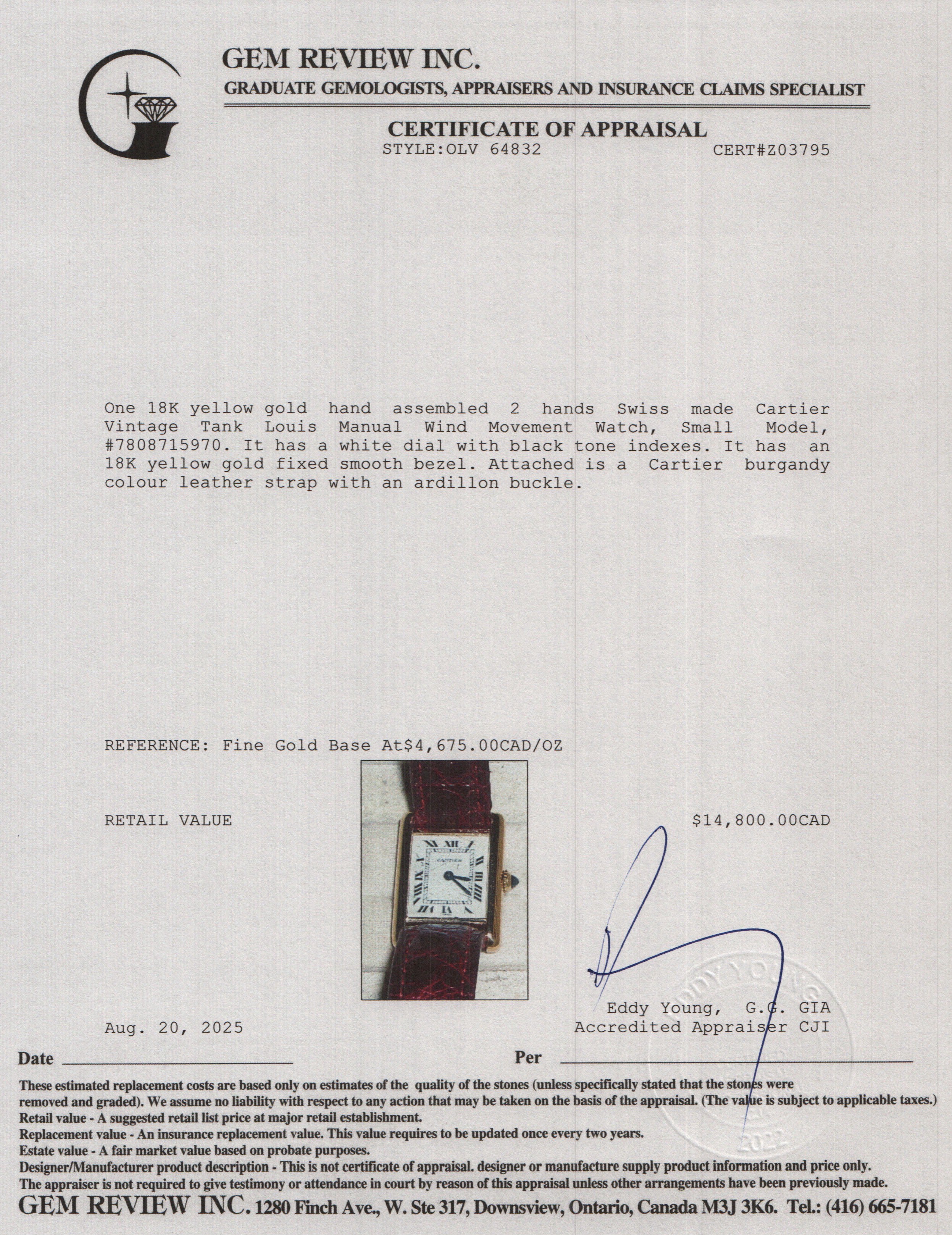 Cartier Vintage 18k Yellow Gold Tank Louis Manual Watch, Small Model