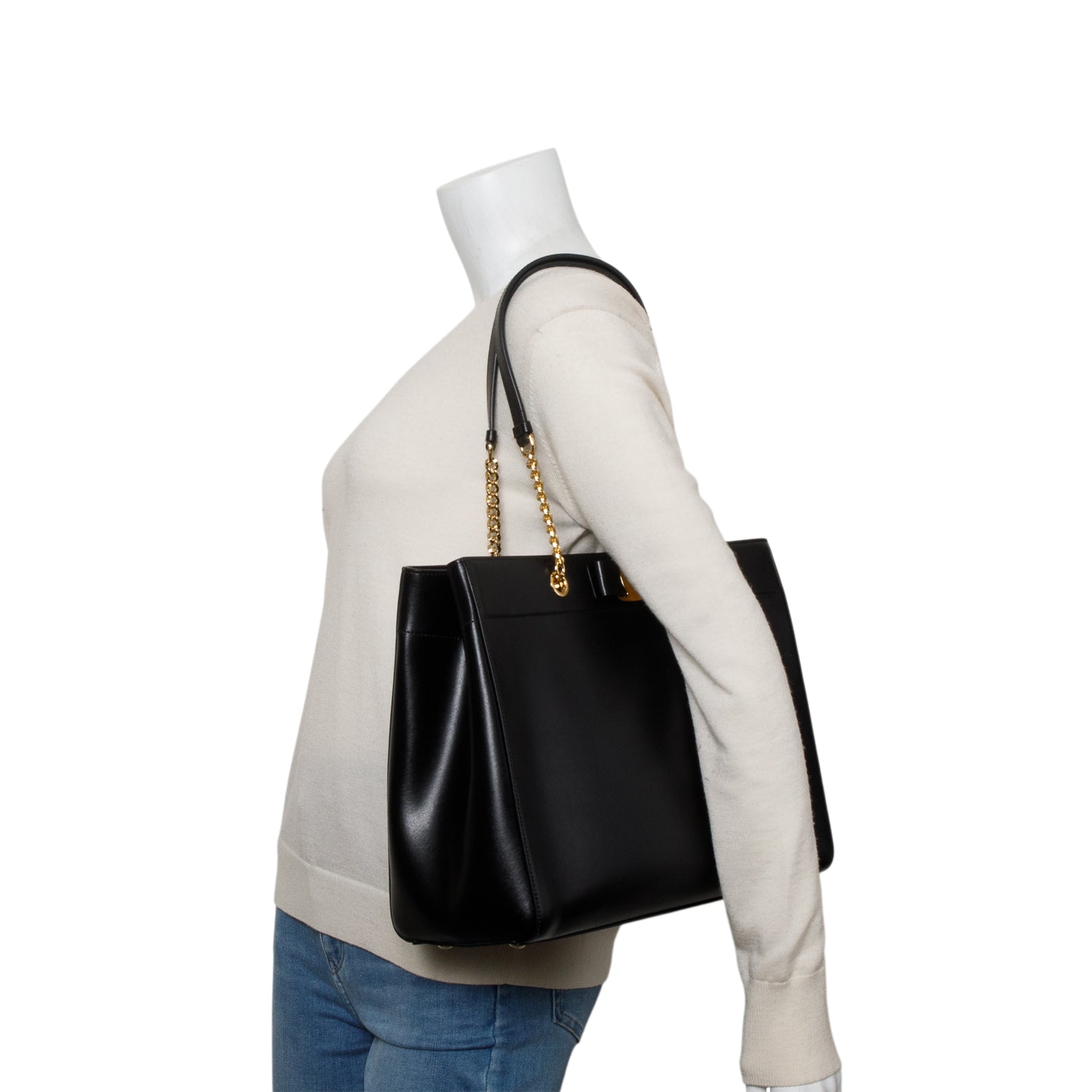 Ferragamo Black Leather Vara Bow Shoulder Bag