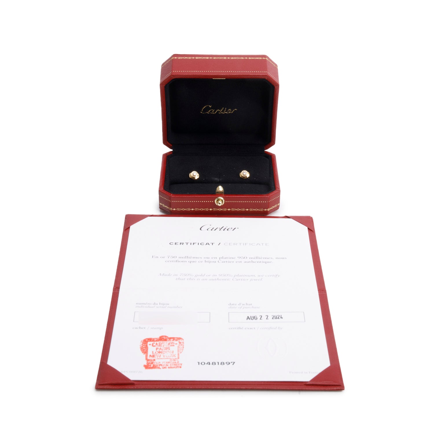 Cartier 2024 18k Yellow Gold Diamond D'Amour Stud Earrings, Small Model w/ Box, Receipt & Certificate