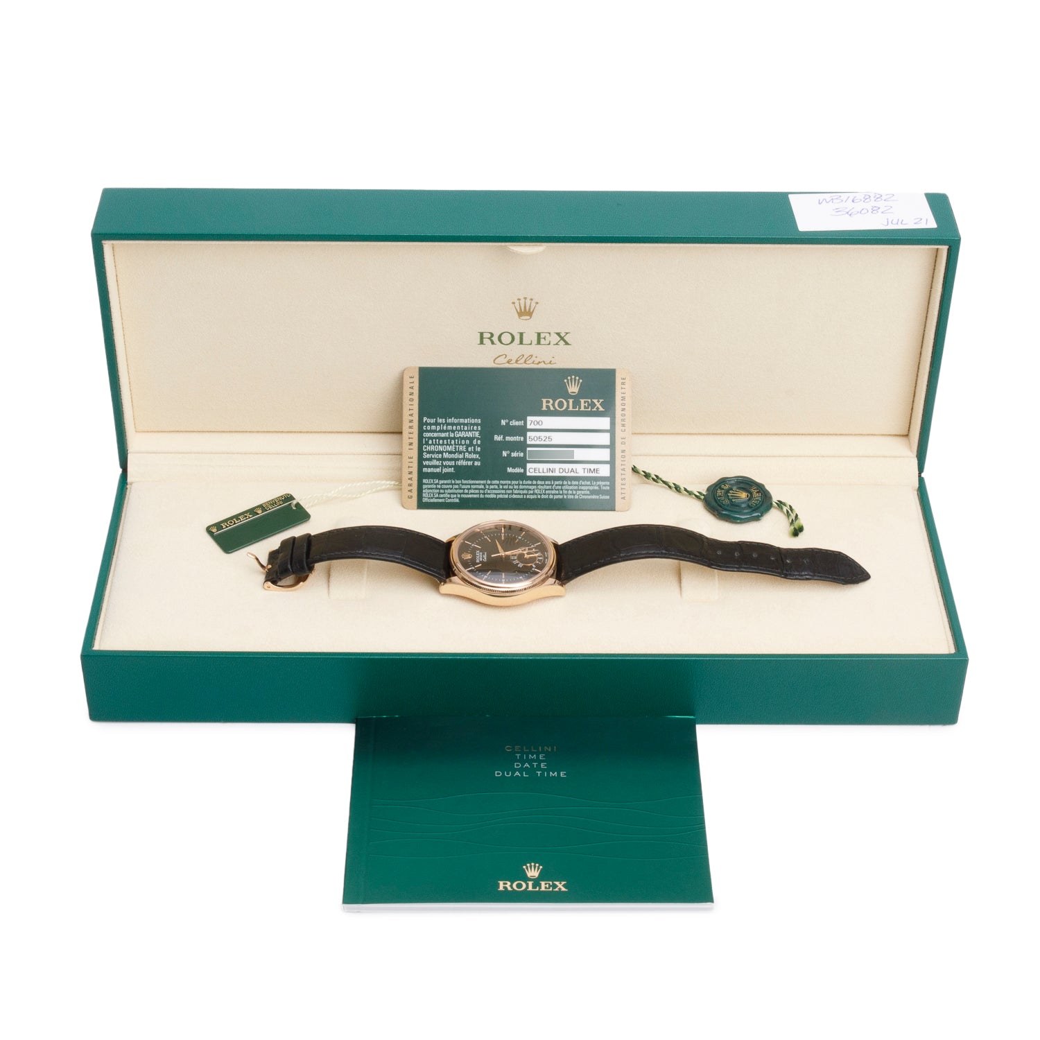 Rolex 18k Rose Gold Cellini Dual Time 39 MM Automatic Watch Black Dial 50525 w/ Box & Papers