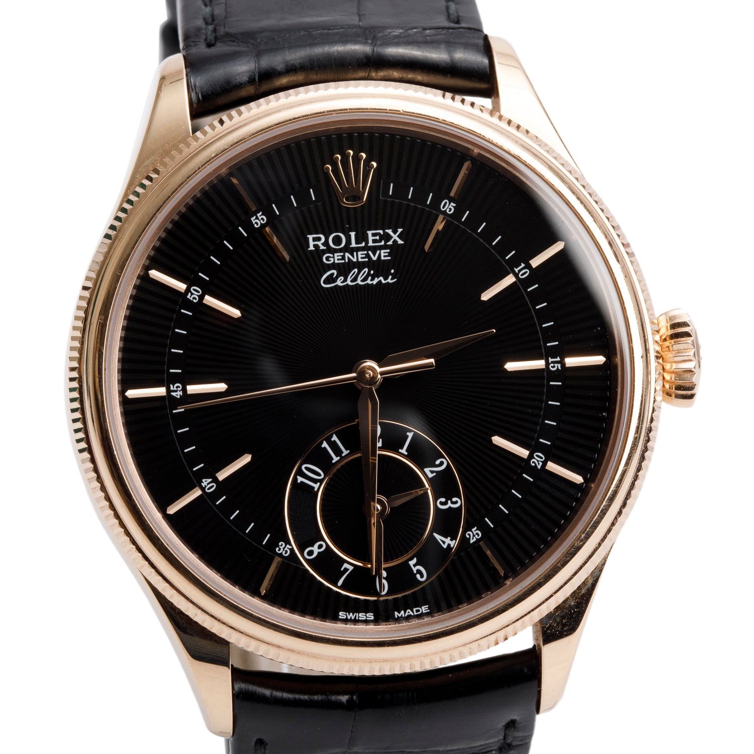 Rolex 18k Rose Gold Cellini Dual Time 39 MM Automatic Watch Black Dial 50525 w/ Box & Papers