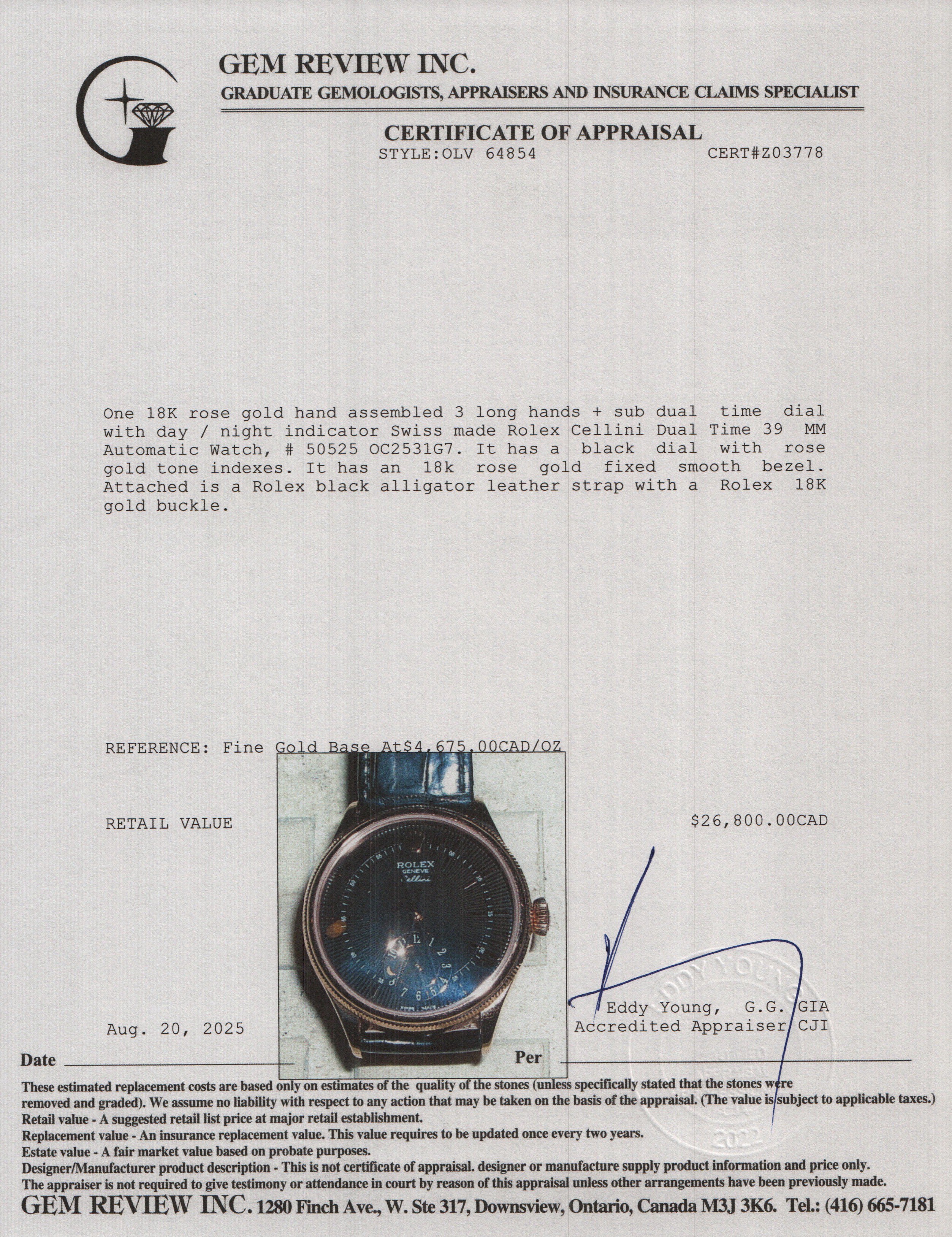 Rolex 18k Rose Gold Cellini Dual Time 39 MM Automatic Watch Black Dial 50525 w/ Box & Papers