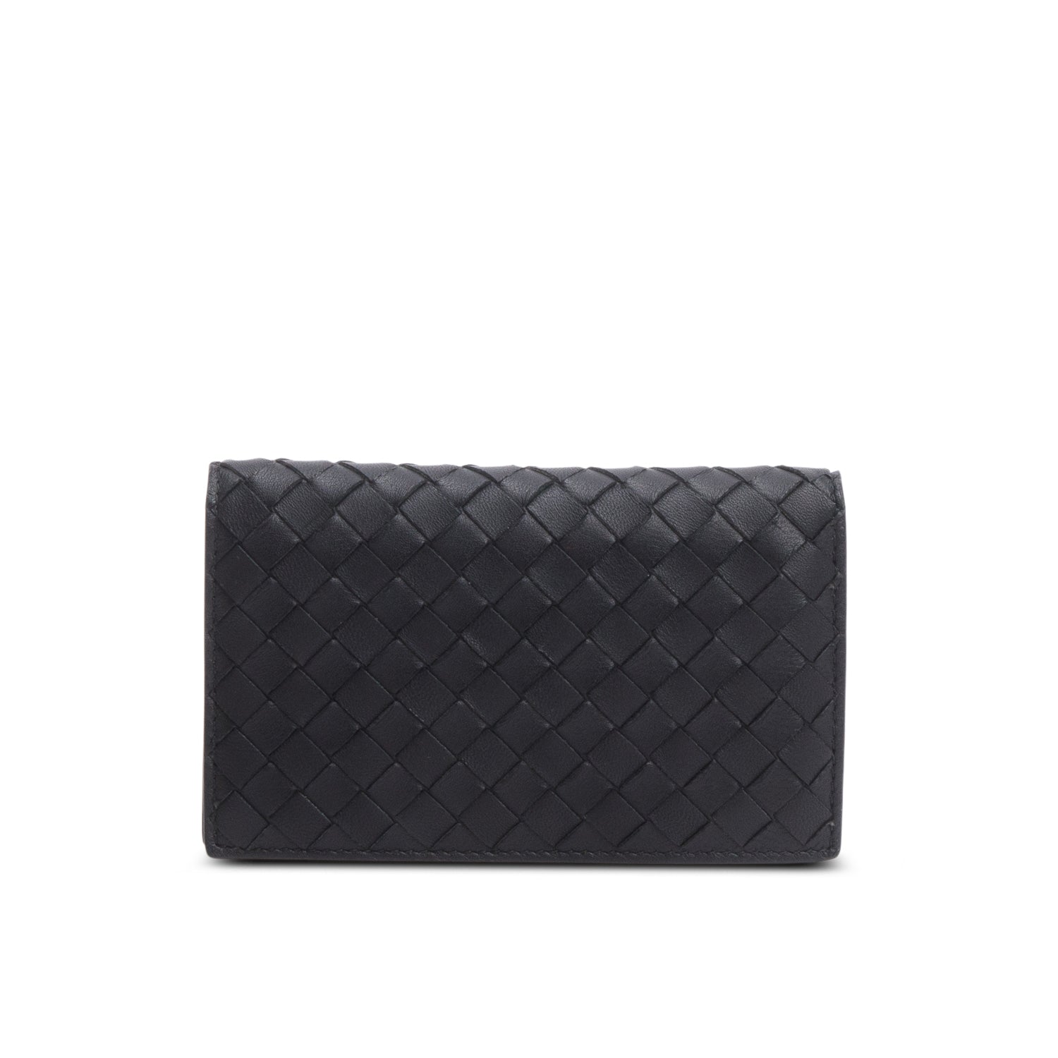 Bottega Veneta Black Intrecciato Calfskin Leather Bi-Fold Compact Wallet