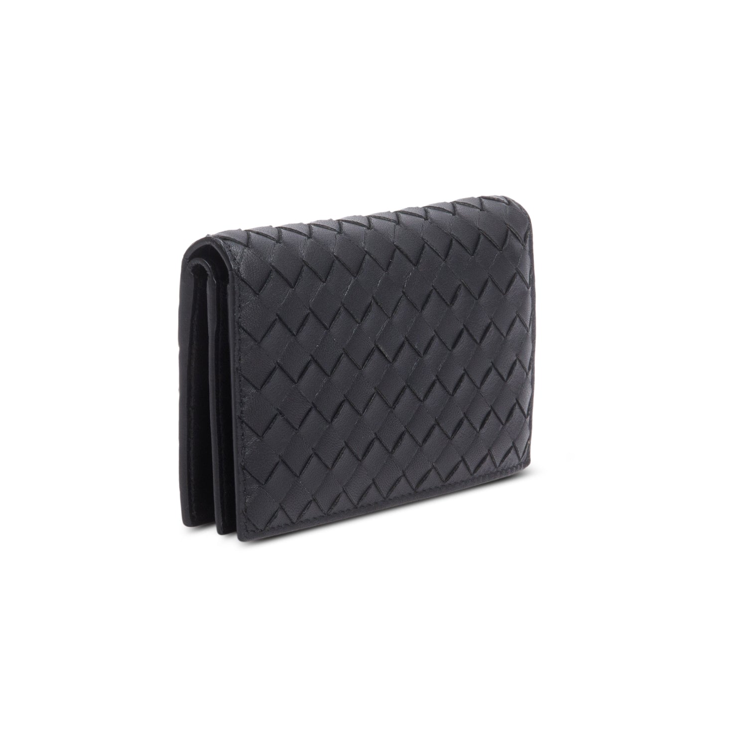 Bottega Veneta Black Intrecciato Calfskin Leather Bi-Fold Compact Wallet
