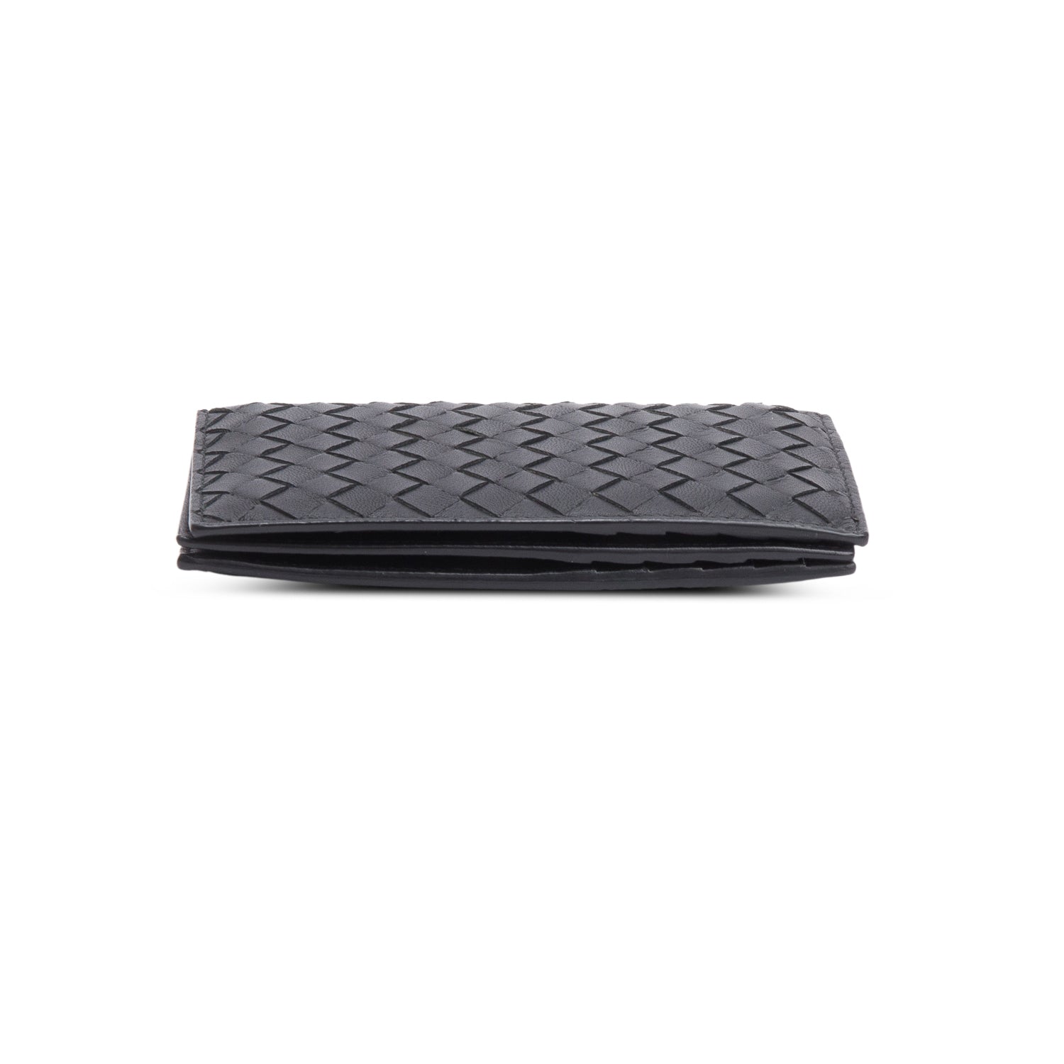 Bottega Veneta Black Intrecciato Calfskin Leather Bi-Fold Compact Wallet
