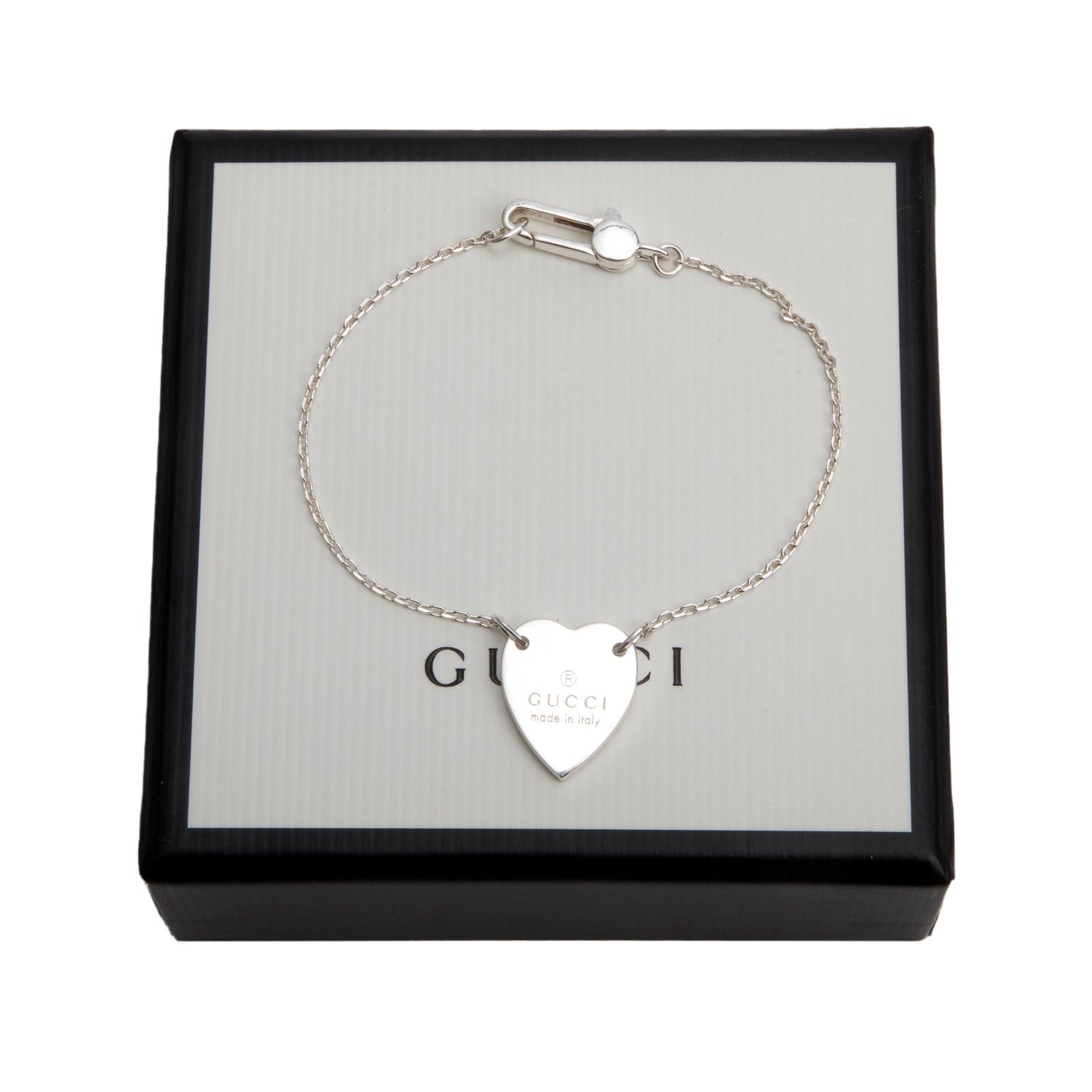 Gucci Sterling Silver Trademark Heart Bracelet, Size 17 w/ Box
