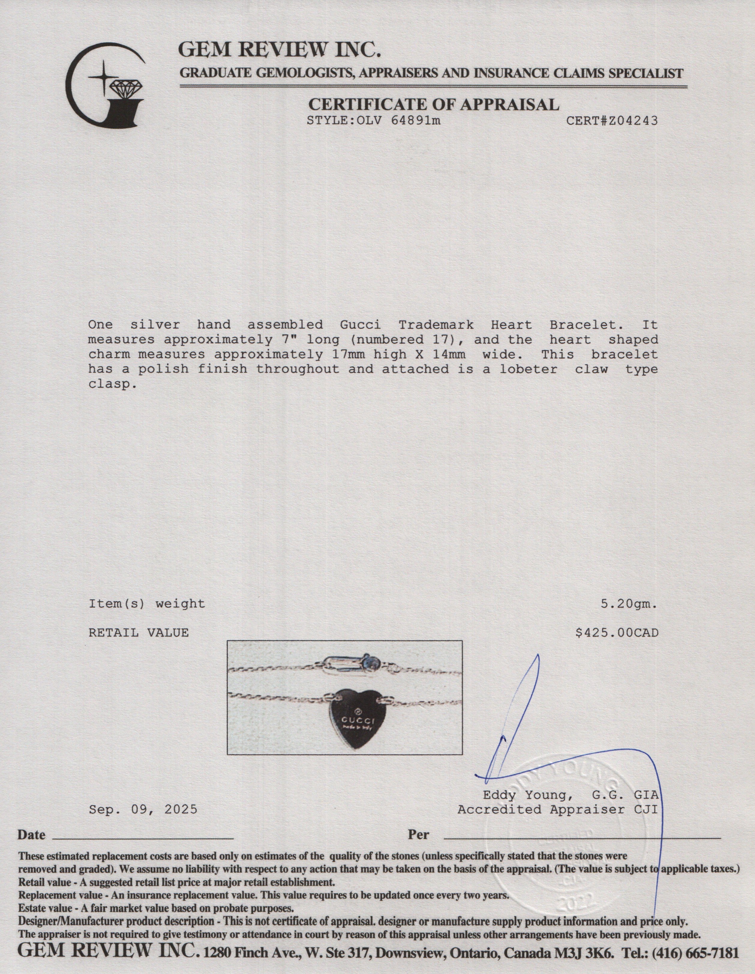 Gucci Sterling Silver Trademark Heart Bracelet, Size 17 w/ Box