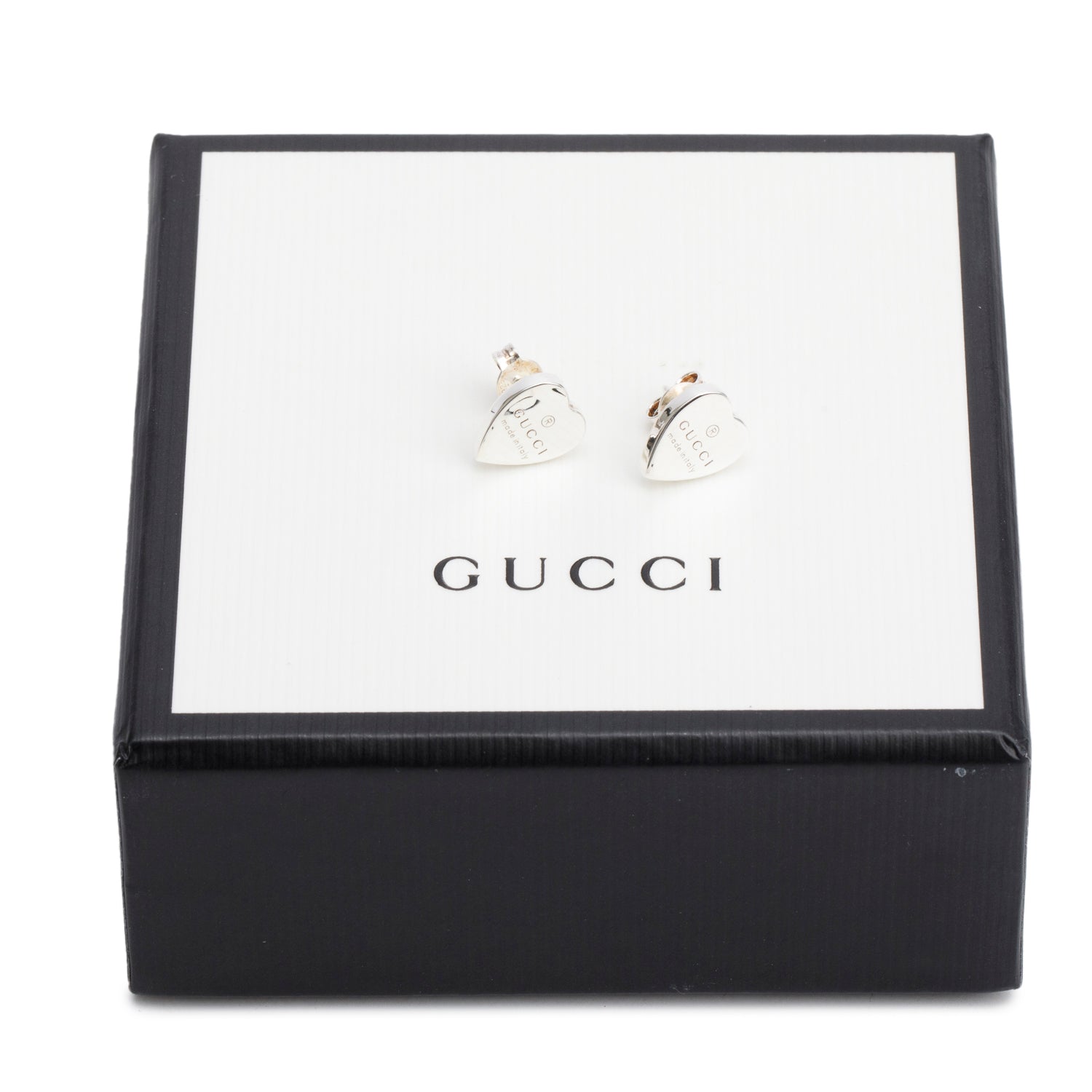 Gucci Sterling Silver Trademark Heart Stud Earrings w/ Box