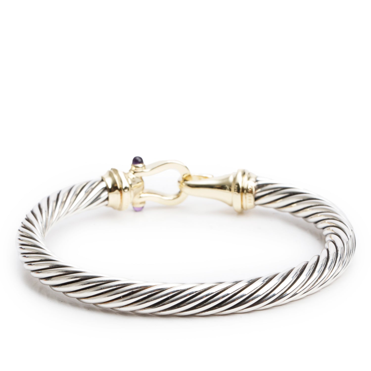 David Yurman Sterling Silver & 14k Yellow Gold Amethyst 7 MM Cable Buckle Bracelet