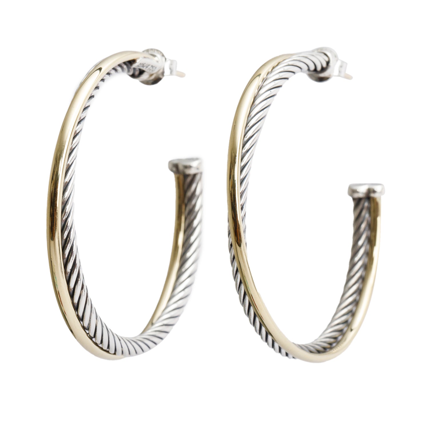 David Yurman Sterling Silver & 18k Yellow Gold Cable Crossover Hoop Earrings
