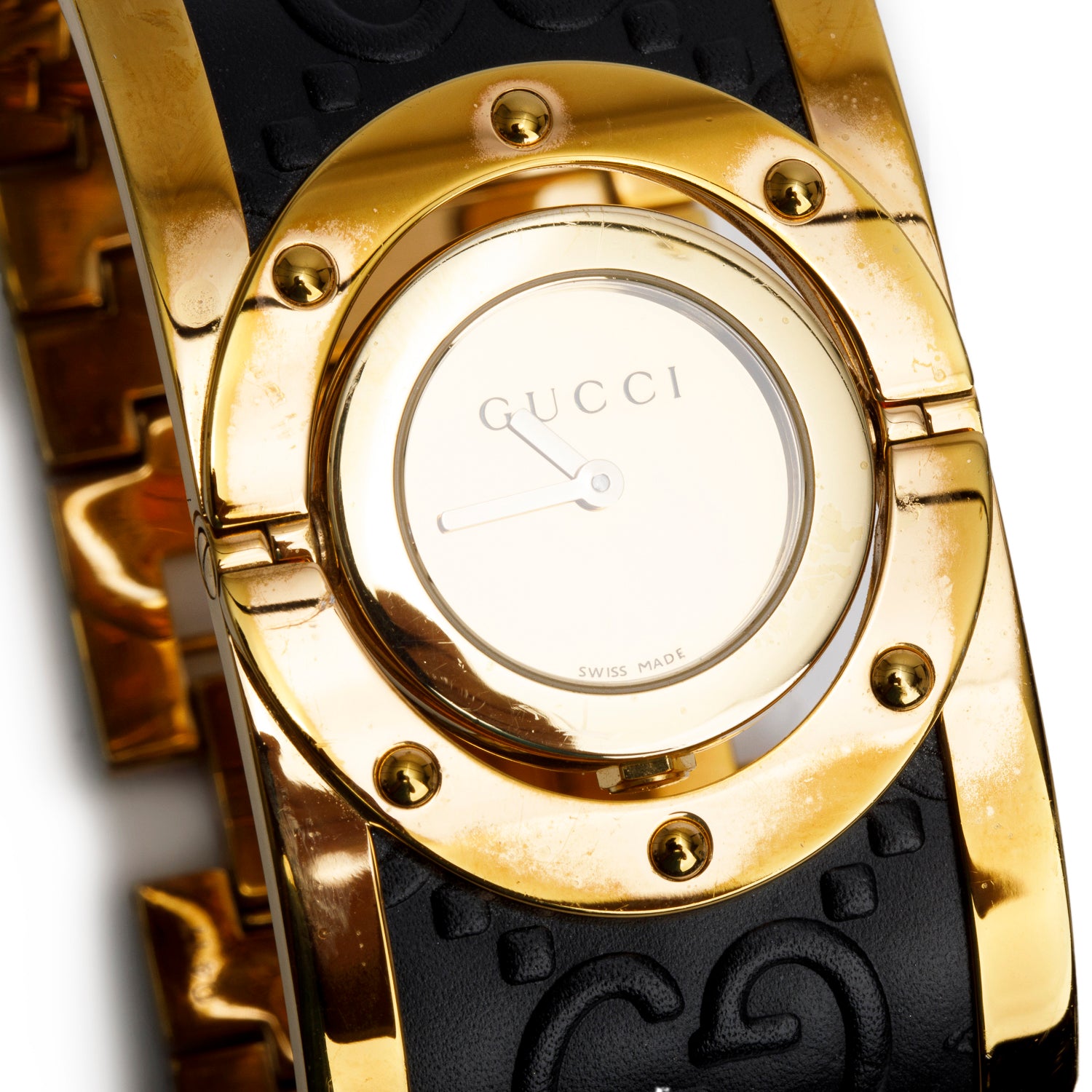 Gucci Yellow Gold Plated Stainless Steel & Black Leather Twirl 24 MM Watch