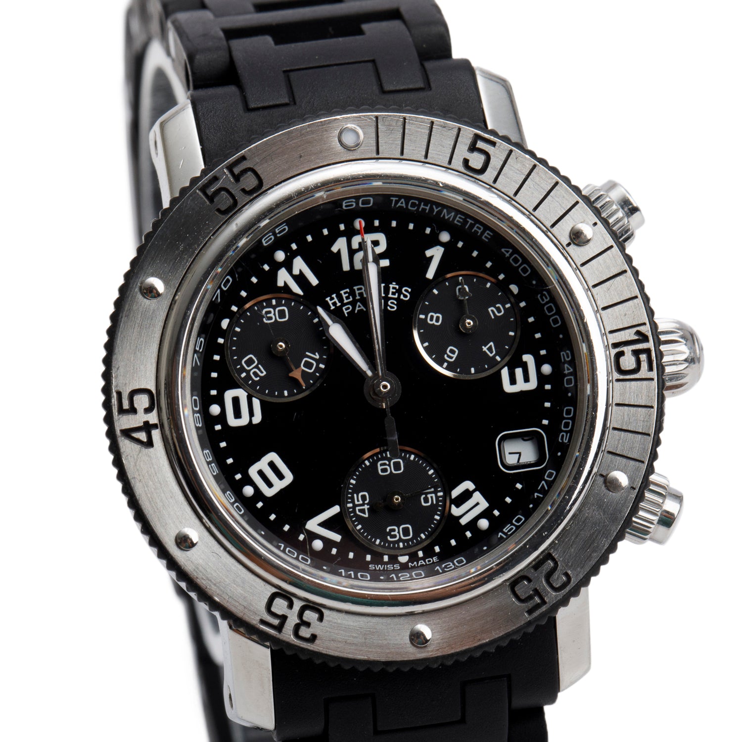 Hermes Stainless Steel Clipper 33 MM Chronograph Quartz Watch Black Dial