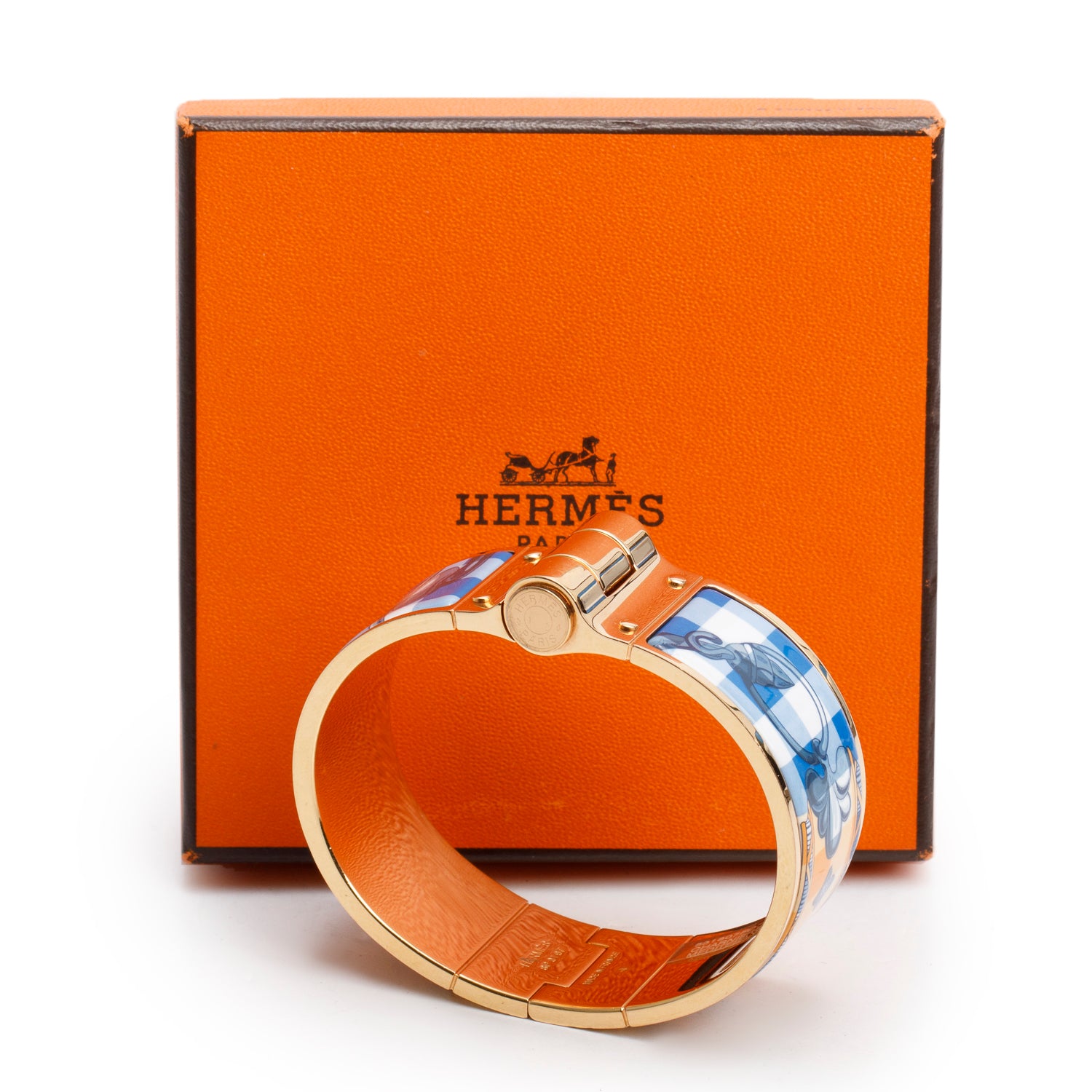 Hermes Rose Gold Plated ' Charniere Mors Et Gourmete Mediterannee' Wide Hinged Enamel Bracelet w/ Box