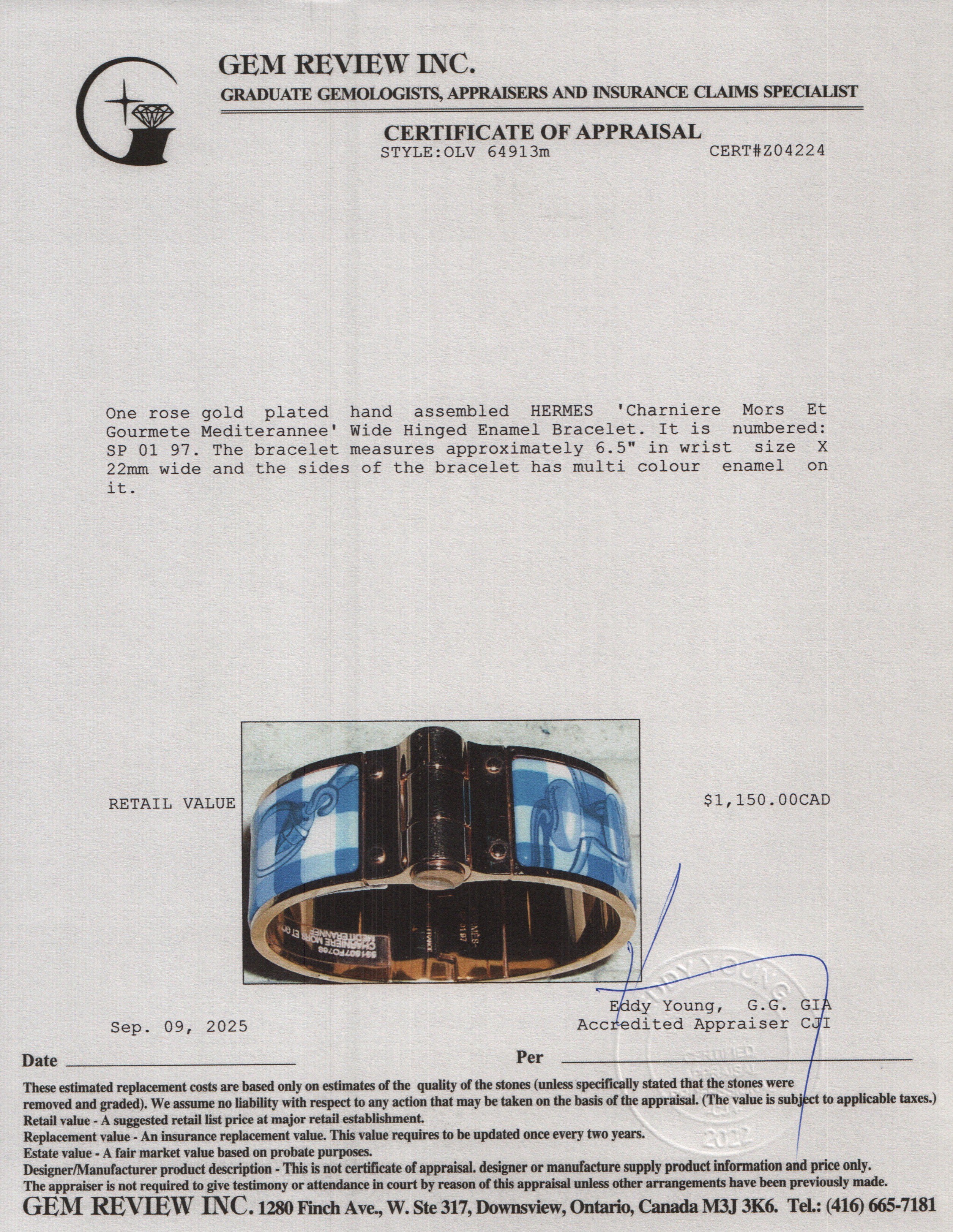 Hermes Rose Gold Plated ' Charniere Mors Et Gourmete Mediterannee' Wide Hinged Enamel Bracelet w/ Box