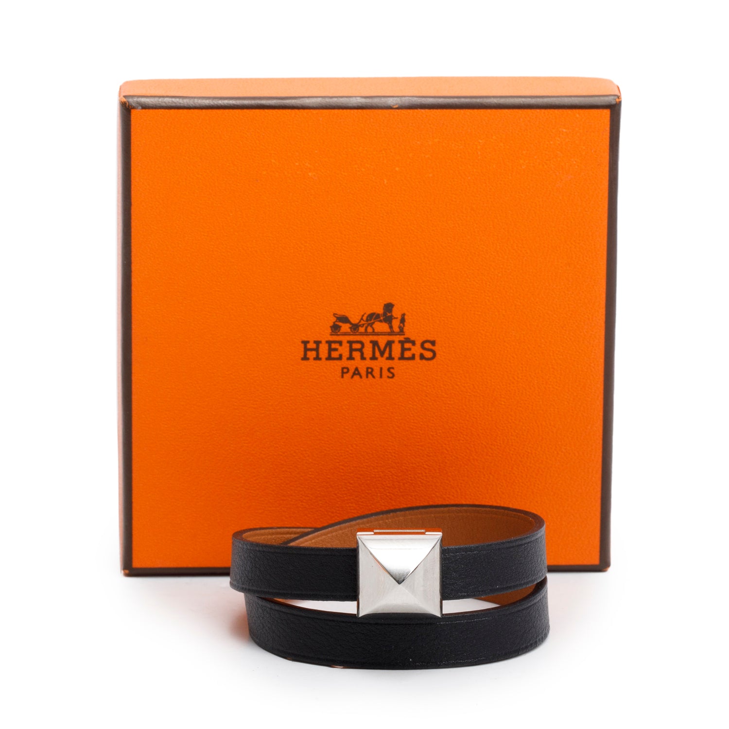 Hermes Palladium Plated Black Swift Calfskin Leather Medor Infini Double Tour Bracelet, Size T2 w/ Box