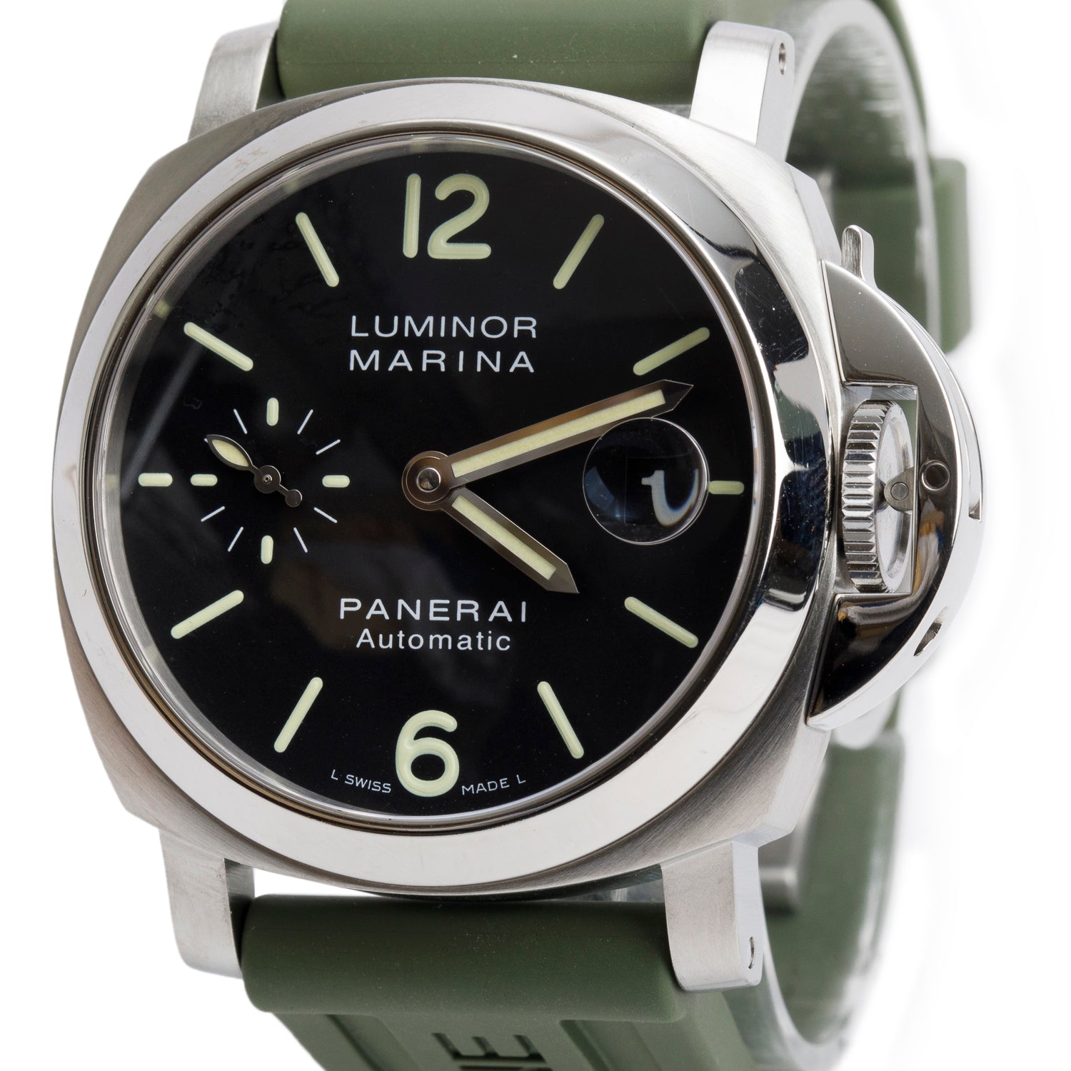 Panerai Stainless Steel Luminor Marina 40 MM Automatic Watch Black Dial PAM00048 w/ Box, Papers & Extra Leather Strap