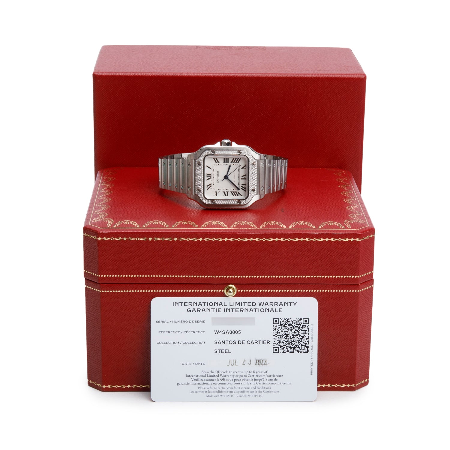 Cartier 2023 Stainless Steel Diamond Bezel Santos de Cartier Automatic Watch, Medium Model 4075 w/ Box, Papers & Extra Leather Strap