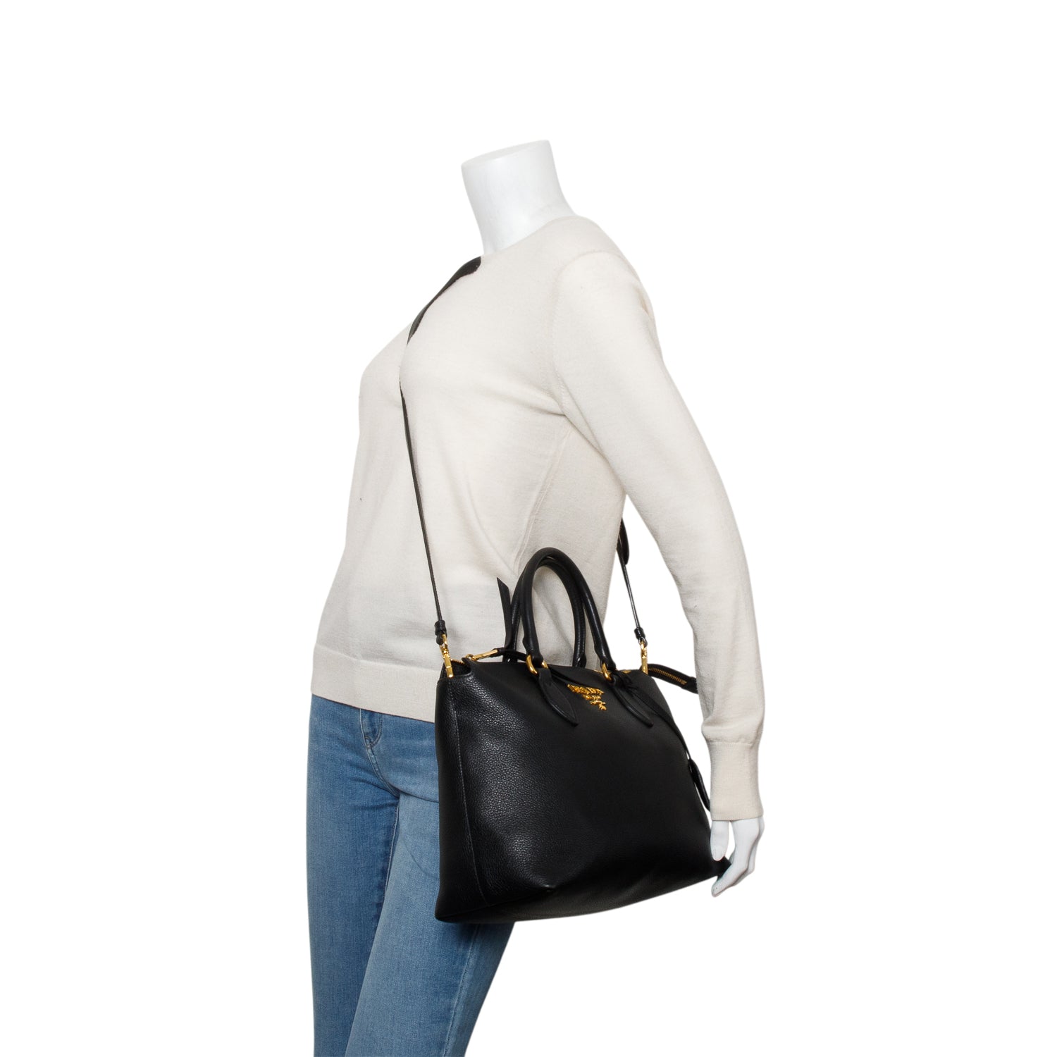 Prada Black Vitello Daino Small Zip Tote w/ Strap