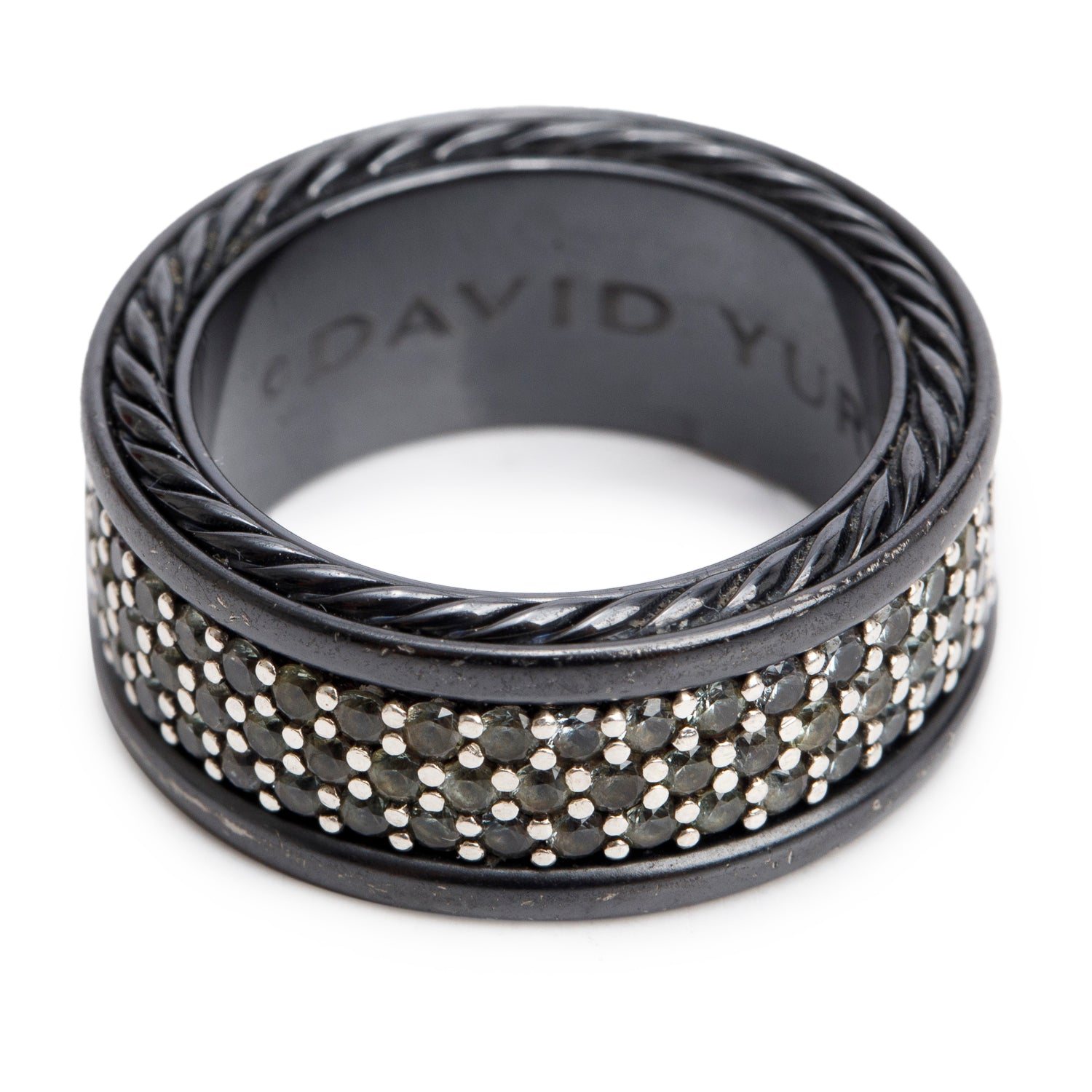 David Yurman Black Titanium & Sterling Silver Grey Sapphire Streamline Three Row Band Ring, Size 7 w/ Box