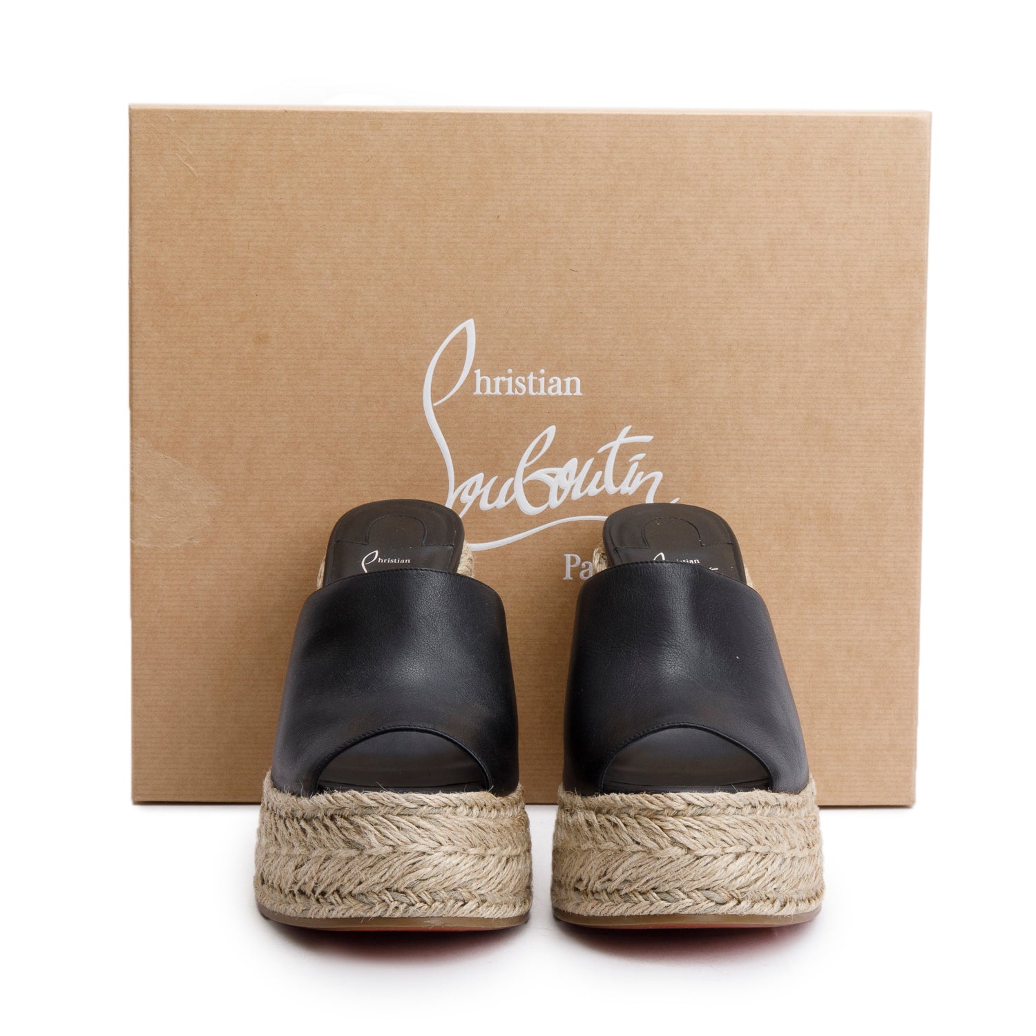 Christian Louboutin Black Leather Espadrille Wedge Ariella Zeppa 130 Sandals, Size 39 w/ Box