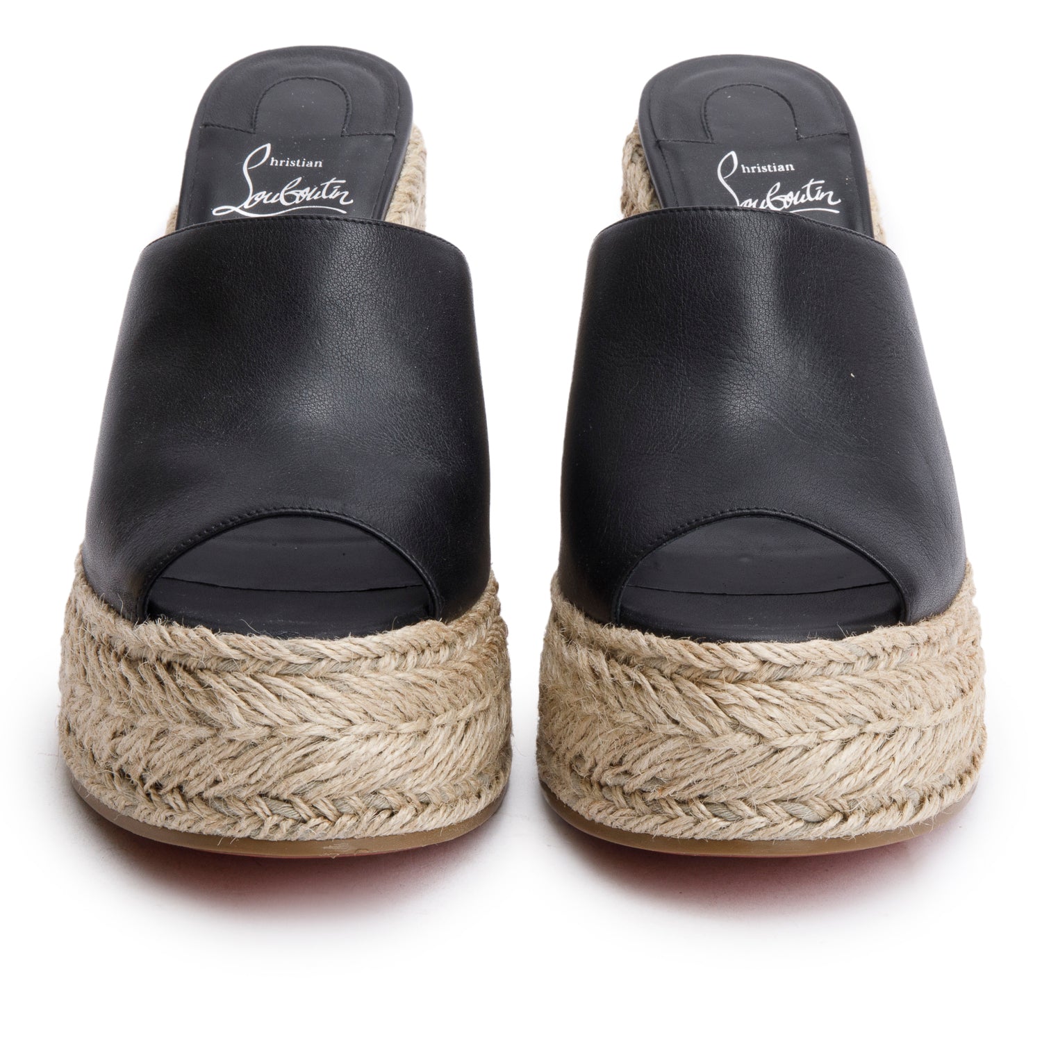 Christian Louboutin Black Leather Espadrille Wedge Ariella Zeppa 130 Sandals, Size 39 w/ Box