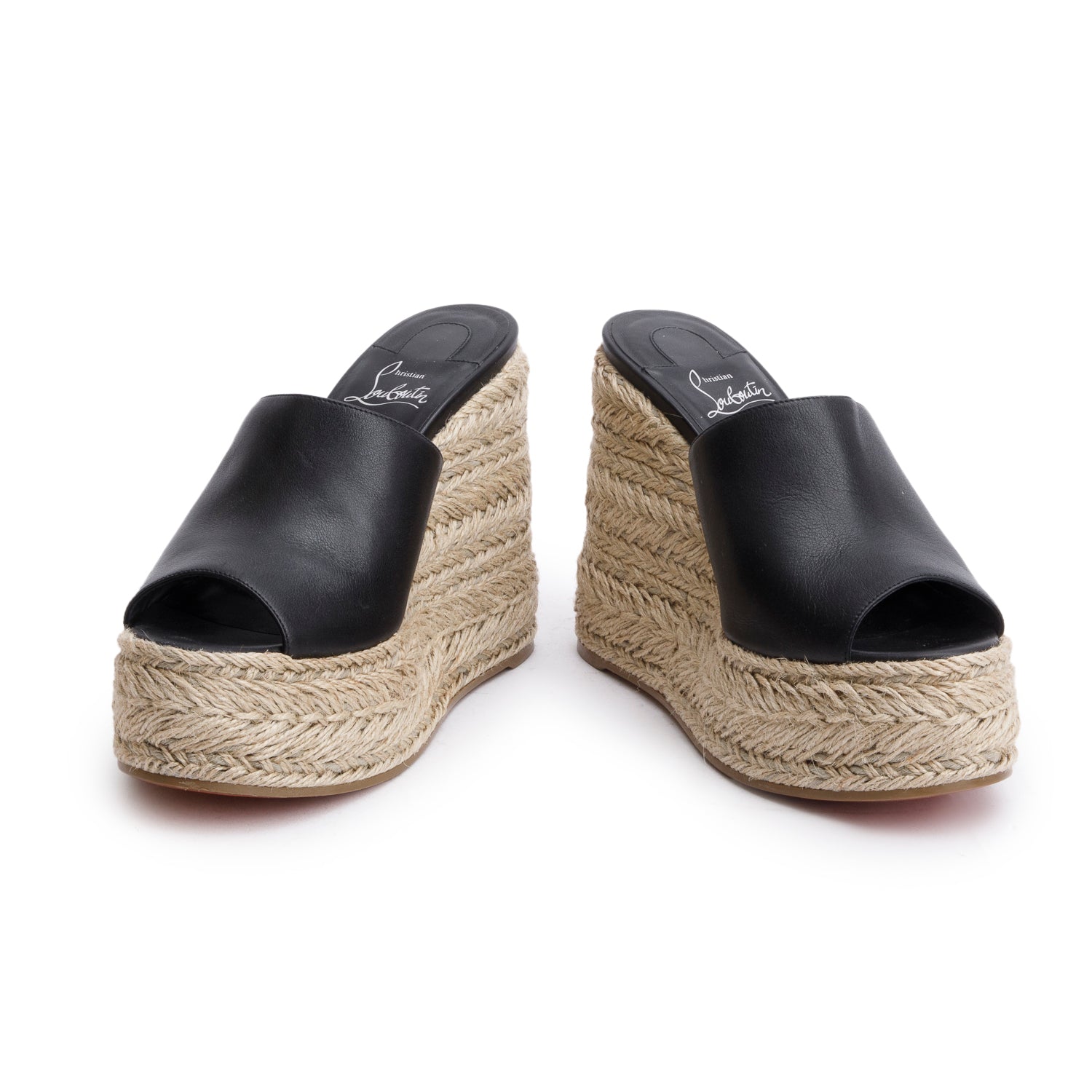 Christian Louboutin Black Leather Espadrille Wedge Ariella Zeppa 130 Sandals, Size 39 w/ Box