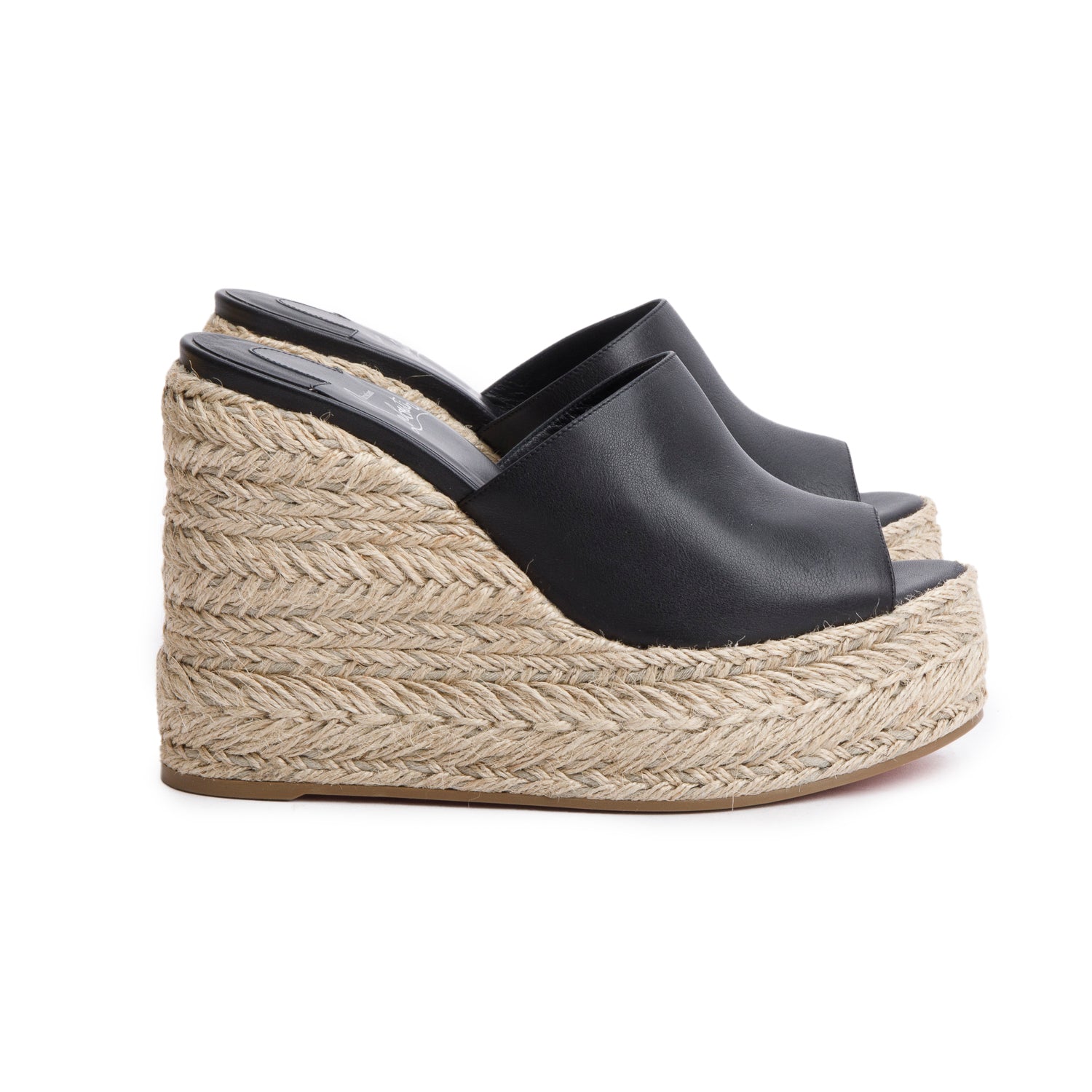 Christian Louboutin Black Leather Espadrille Wedge Ariella Zeppa 130 Sandals, Size 39 w/ Box