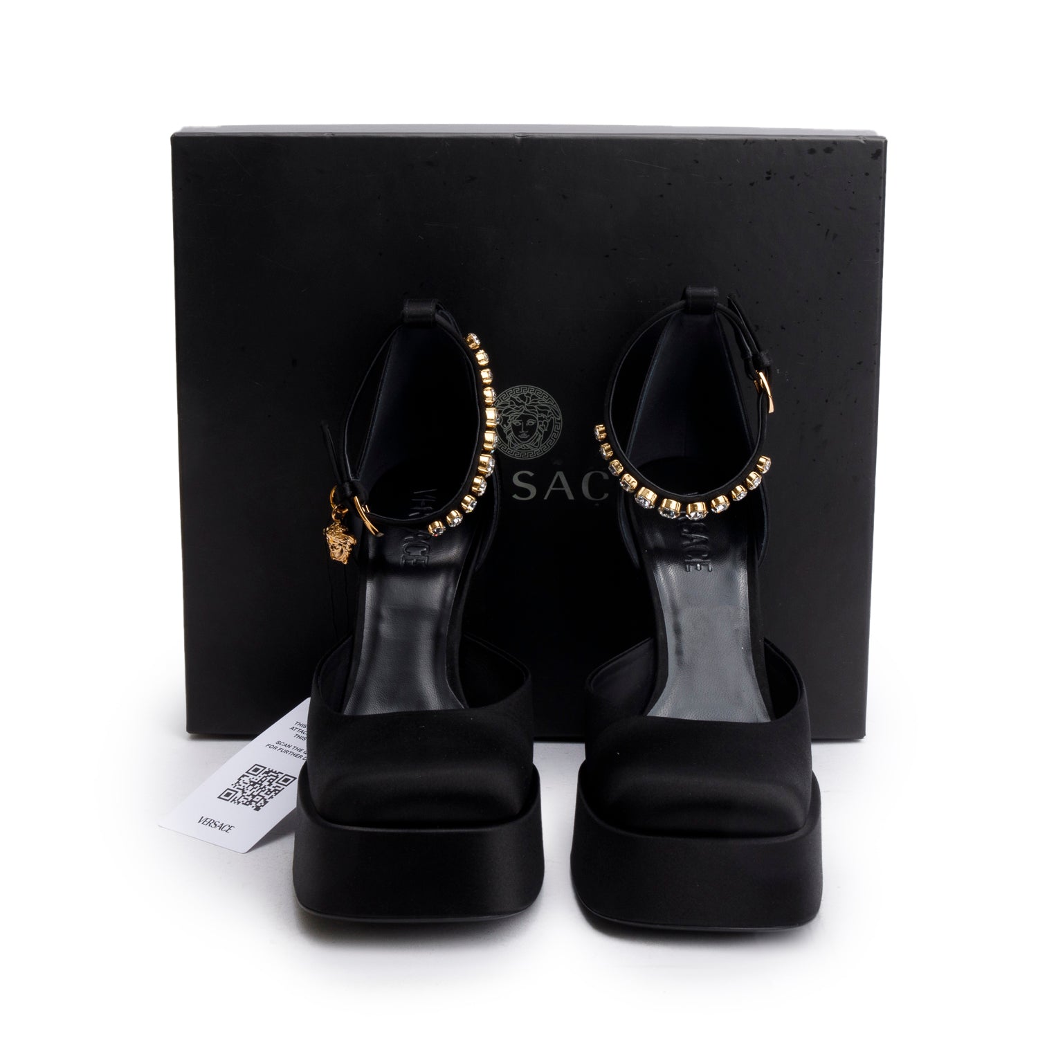 Versace Black Satin Medusa Aevitas Platform Pumps, Size 41 w/ Box