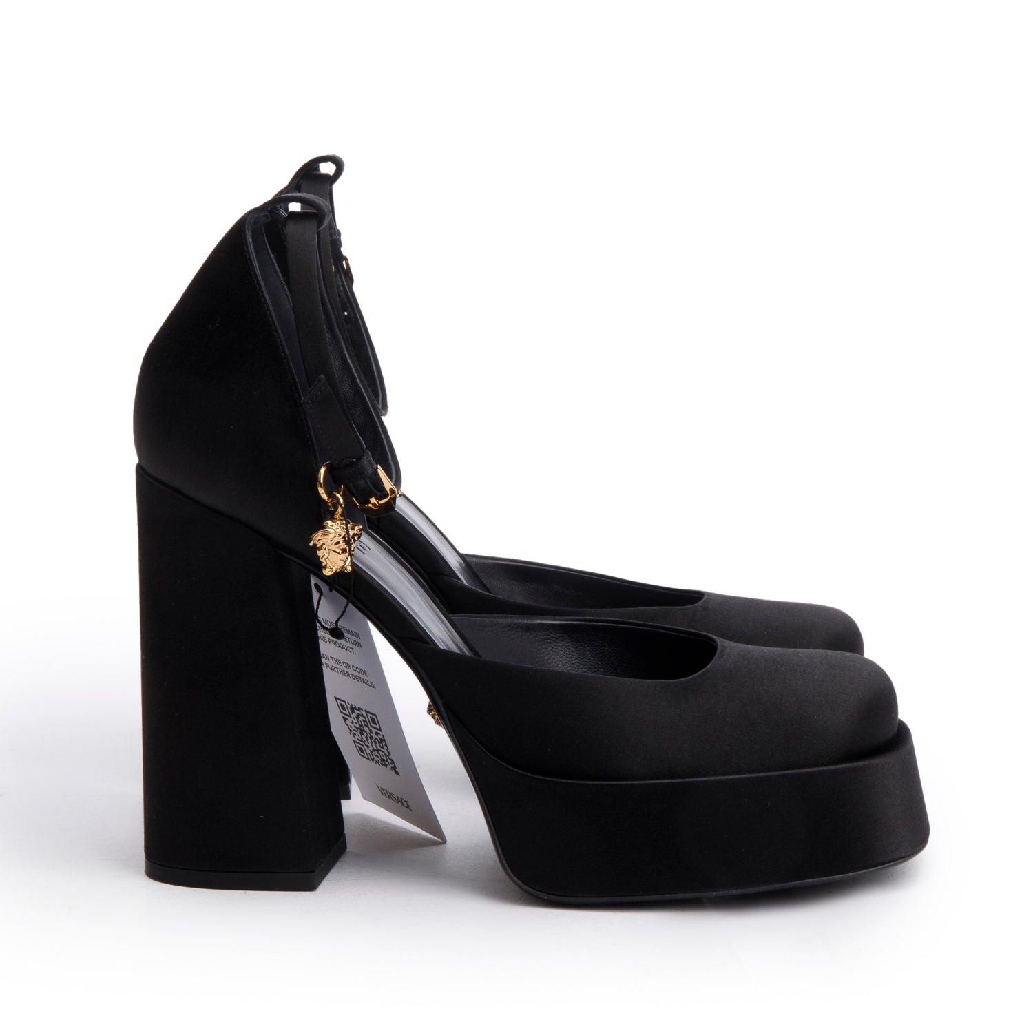 Versace Black Satin Medusa Aevitas Platform Pumps, Size 41 w/ Box