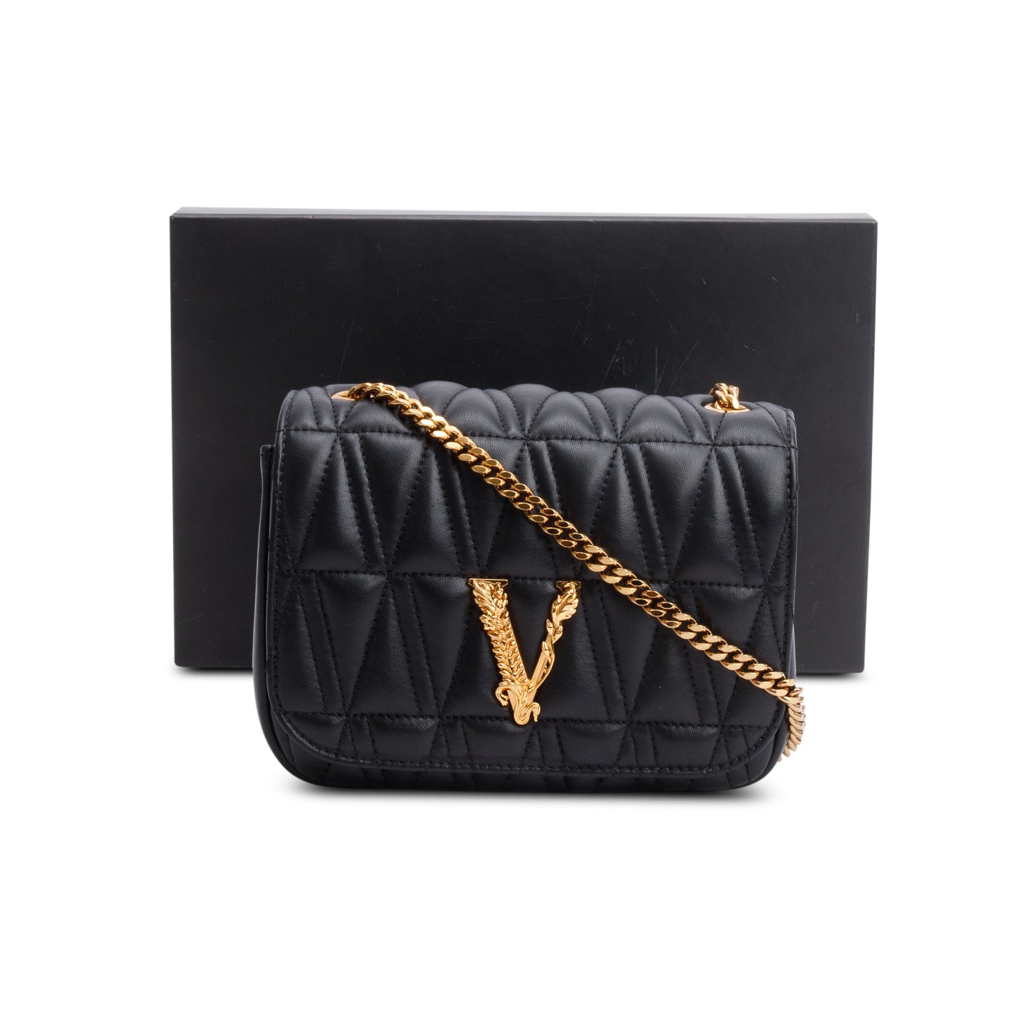 Versace Black Quilted Leather Virtus Shoulder Bag w/ Box