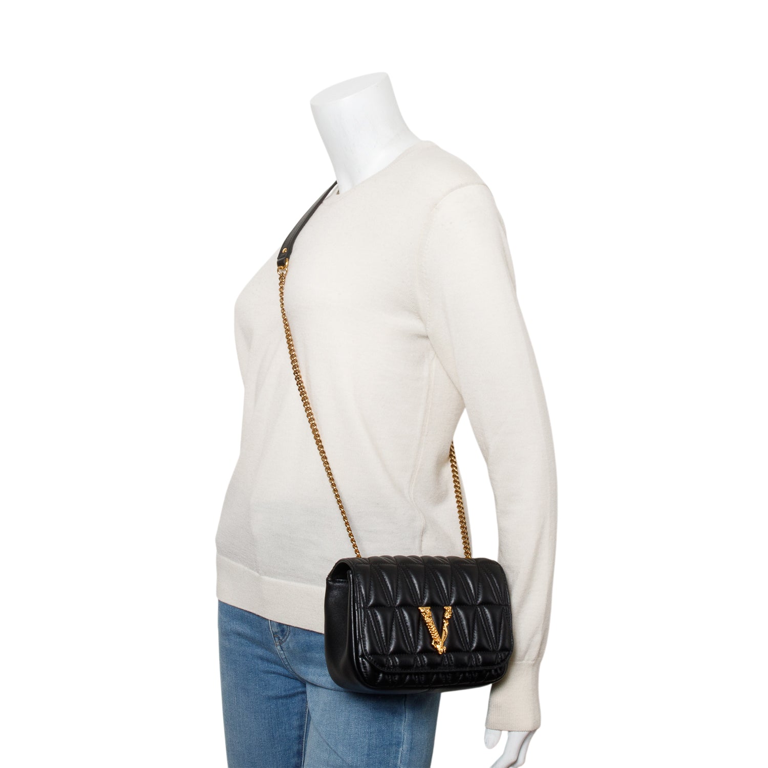Versace Black Quilted Leather Virtus Shoulder Bag w/ Box