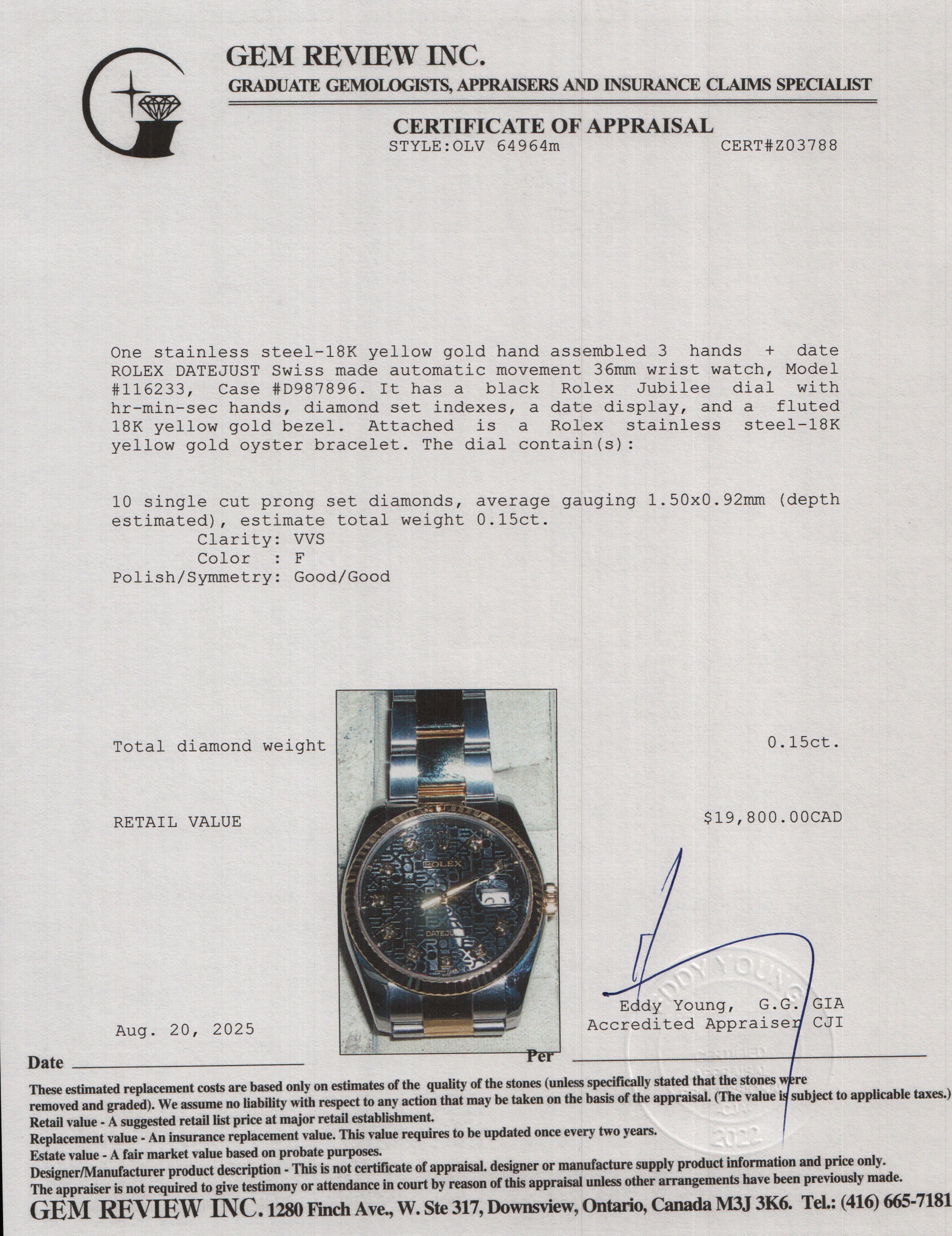 Rolex Stainless Steel & 18k Yellow Gold Datejust 36 MM Watch Black Diamond Dial 116233 w/ Box