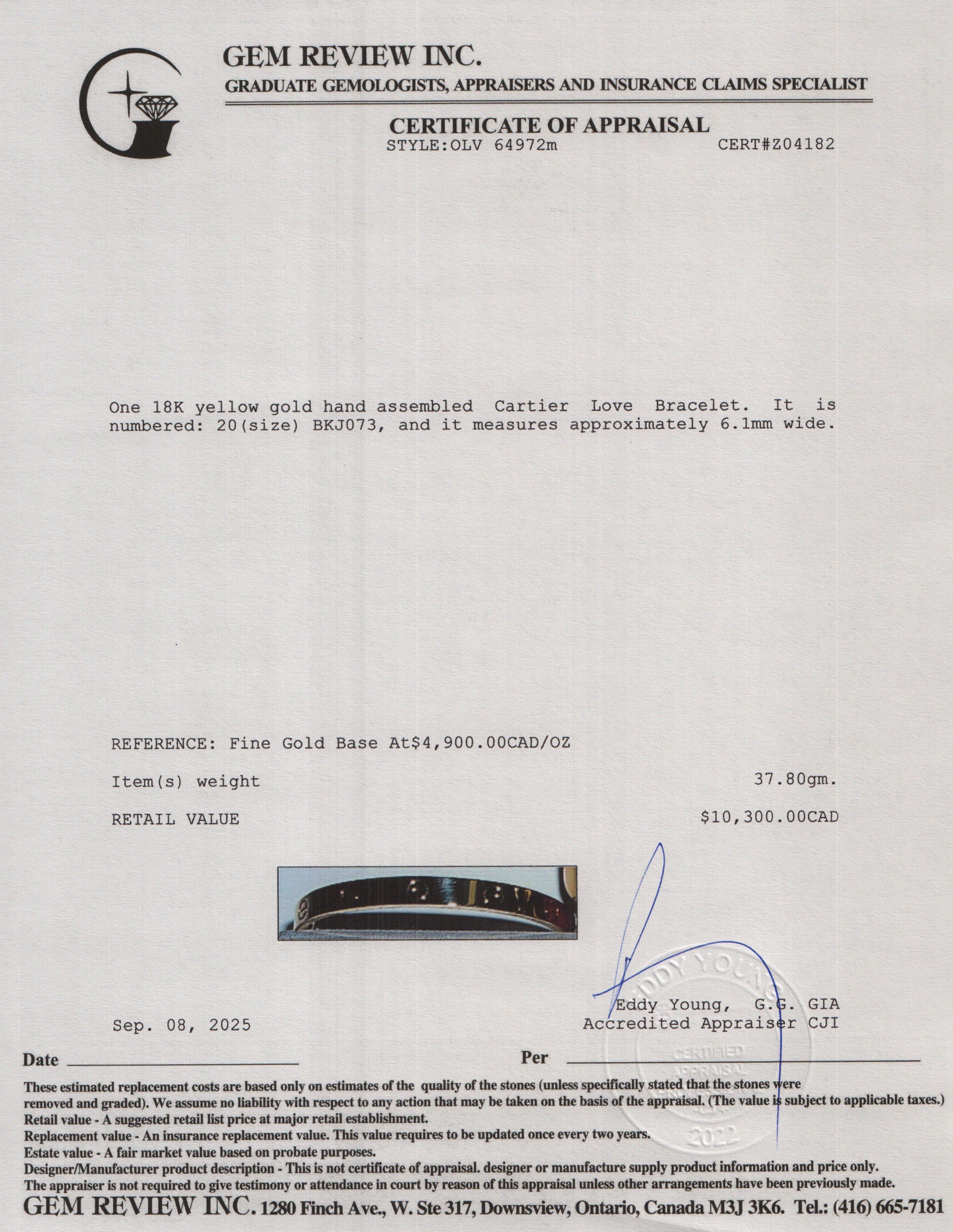 Cartier 18k Yellow Gold Love Bracelet, Classic Model, Size 20 w/ Certificate