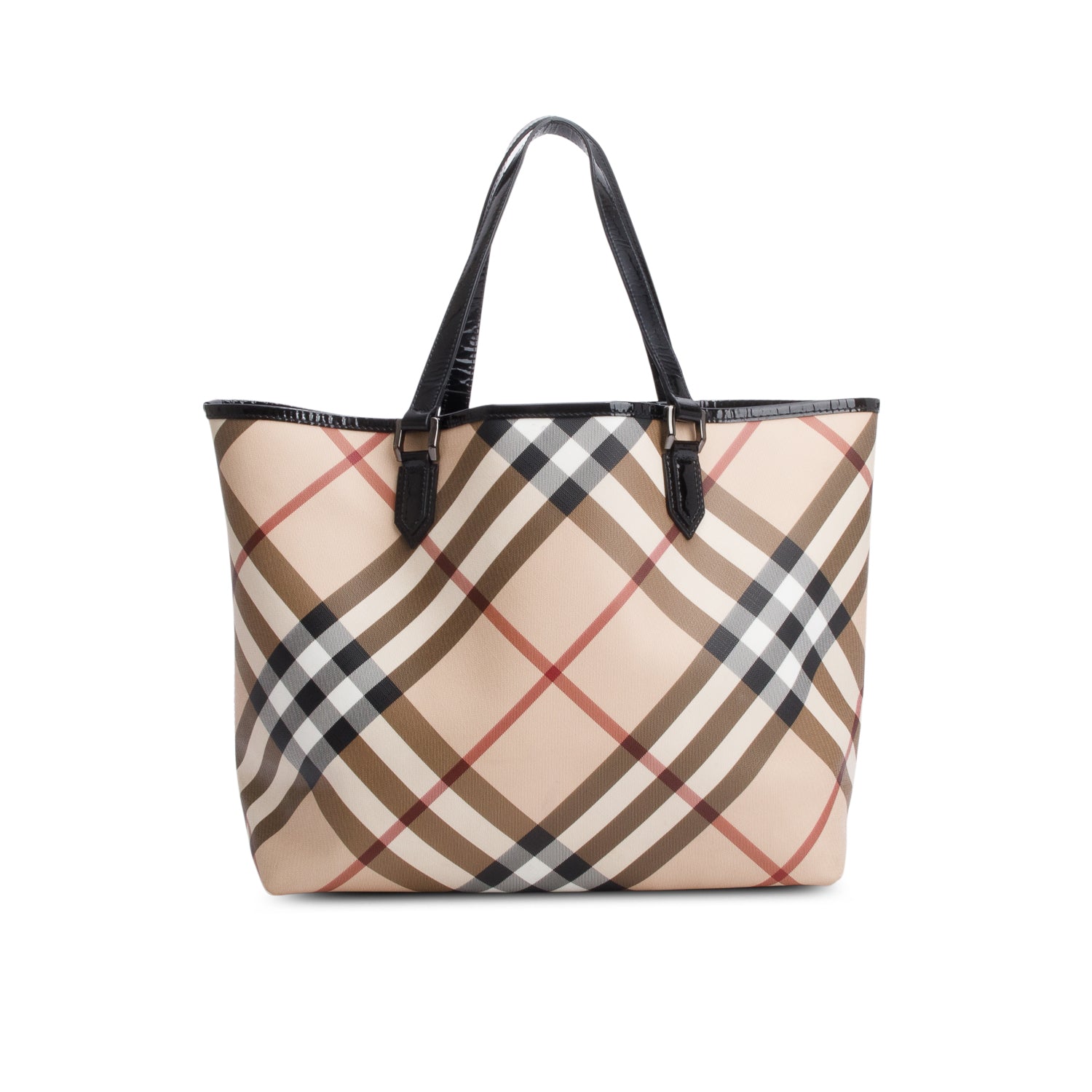 Burberry Super Nova Check Black Patent Leather Trim Large Nickie Tote Bag w/ Pouch