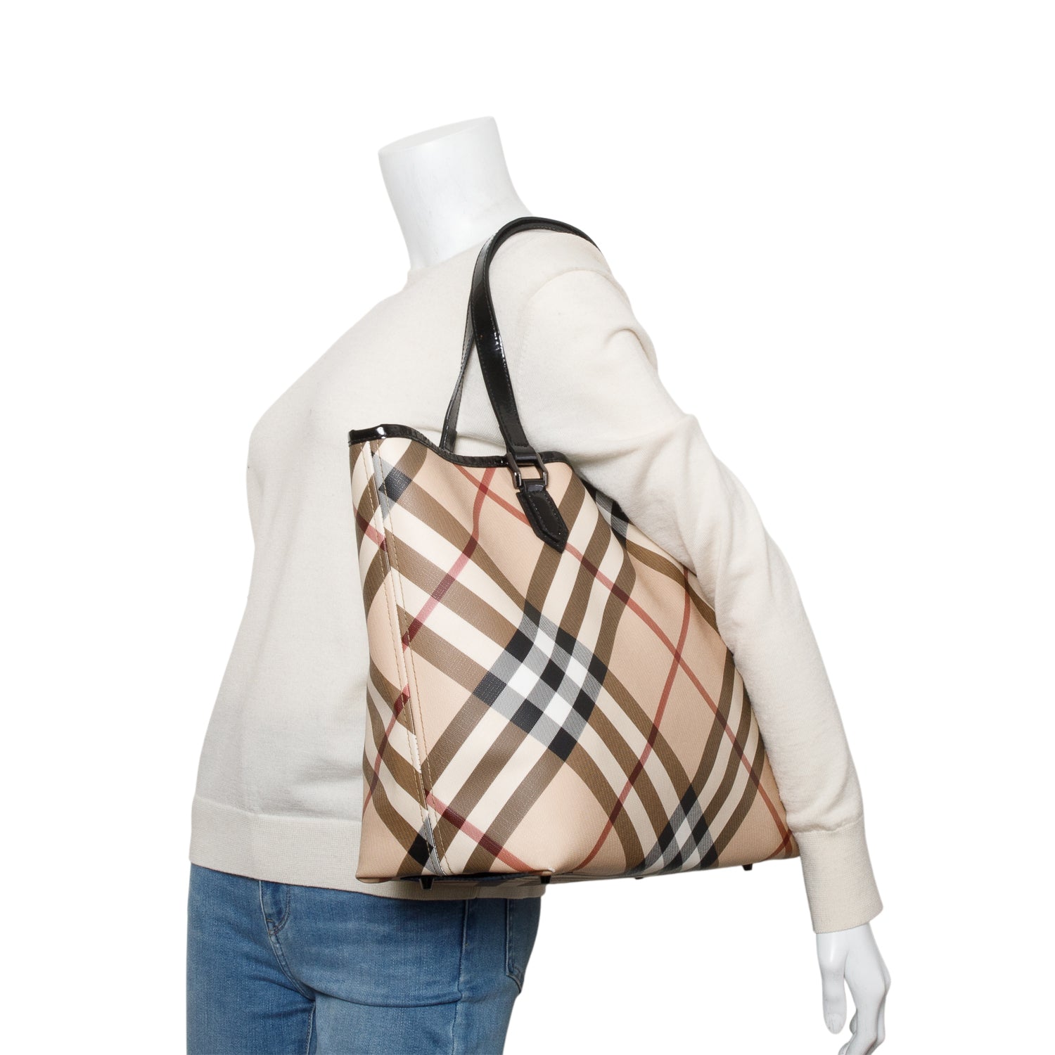 Burberry Super Nova Check Black Patent Leather Trim Large Nickie Tote Bag w/ Pouch