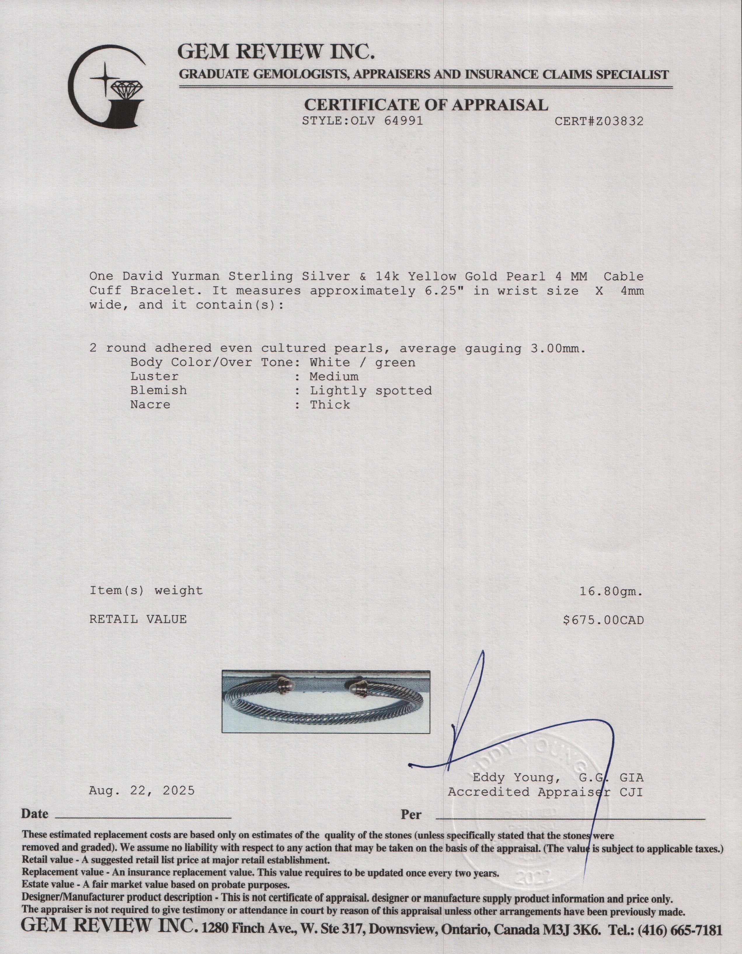 David Yurman Sterling Silver & 14k Yellow Gold Pearl 4 MM Cable Cuff Bracelet