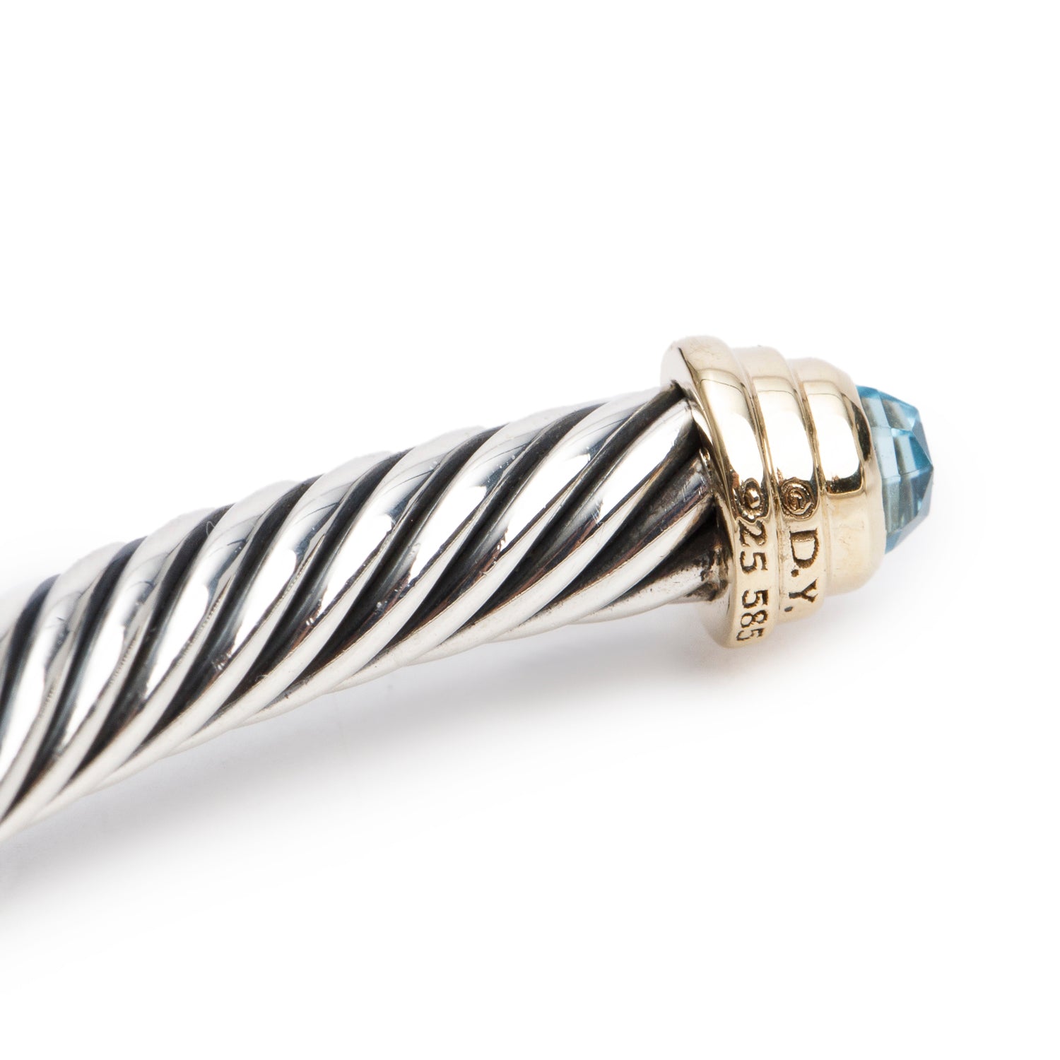 David Yurman Sterling Silver & 14k Yellow Gold Blue Topaz 4 MM Cable Cuff Bracelet