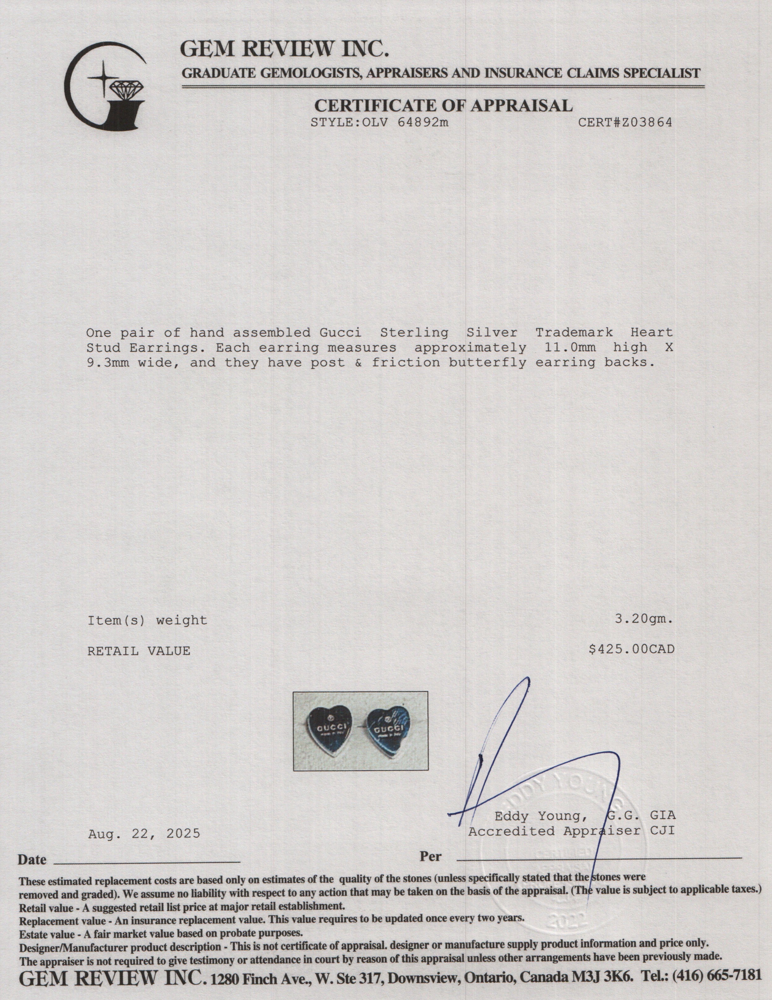 Gucci Sterling Silver Trademark Heart Stud Earrings w/ Box