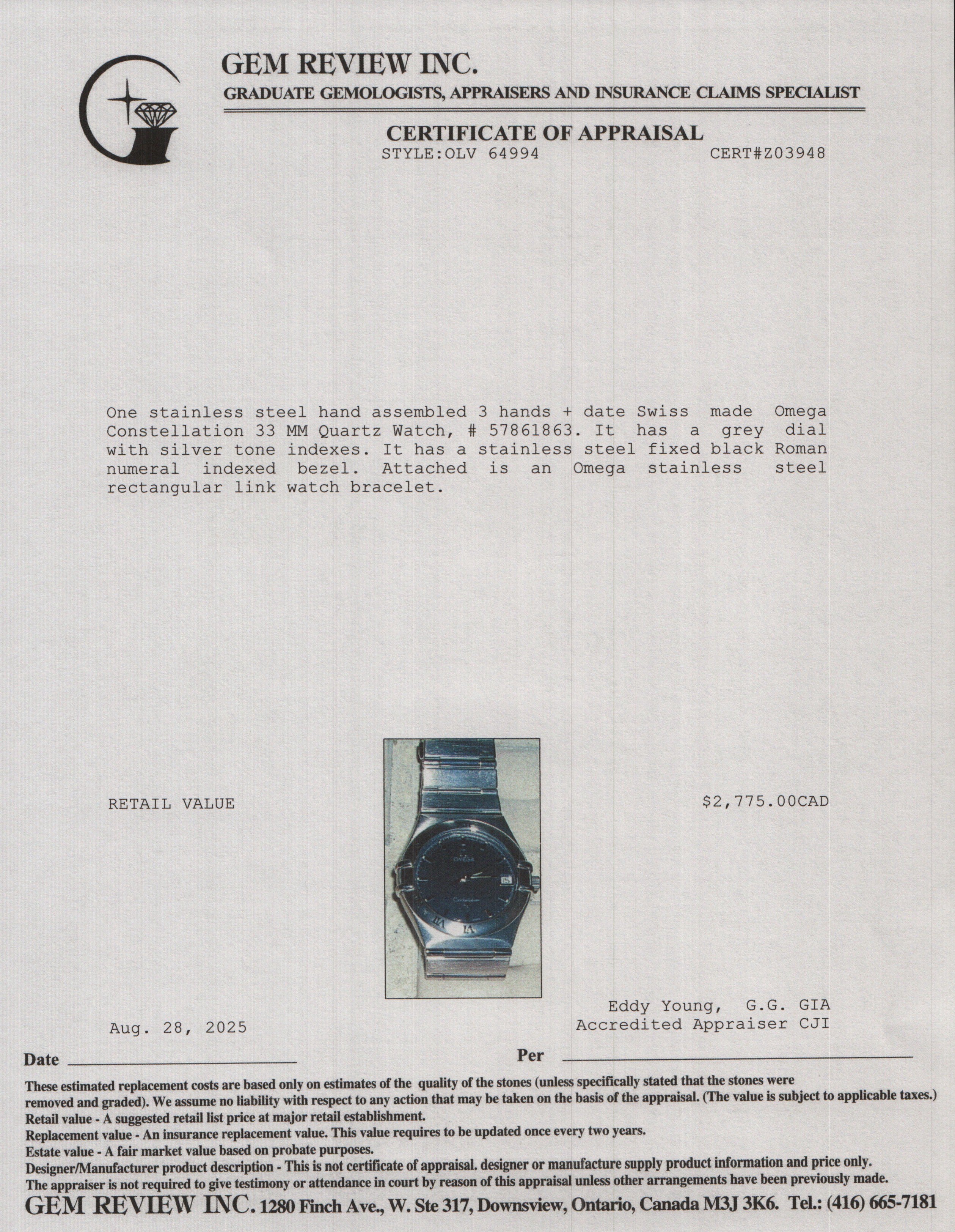 Omega Stainless Steel Constellation 33 MM Quartz Watch Grey Dial