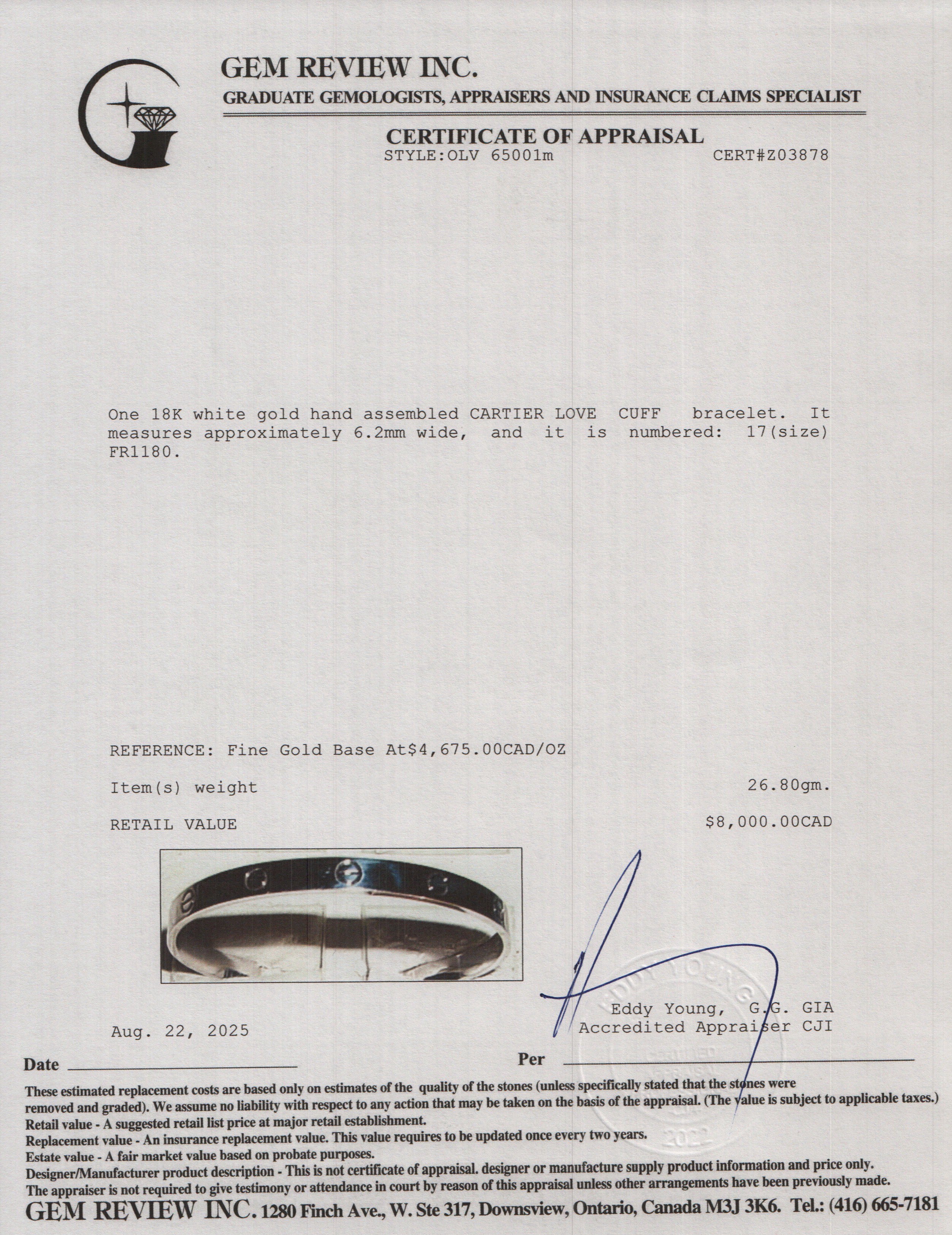 Cartier 18k White Gold Love Cuff, Size 17