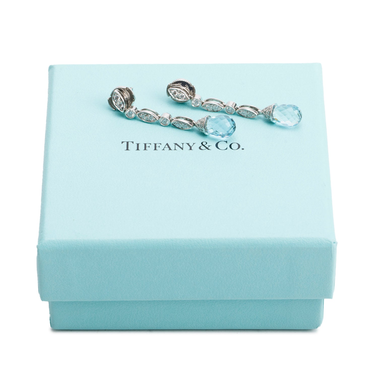 Tiffany & Co. Platinum Aquamarine & Diamond Drop Earrings w/ Box