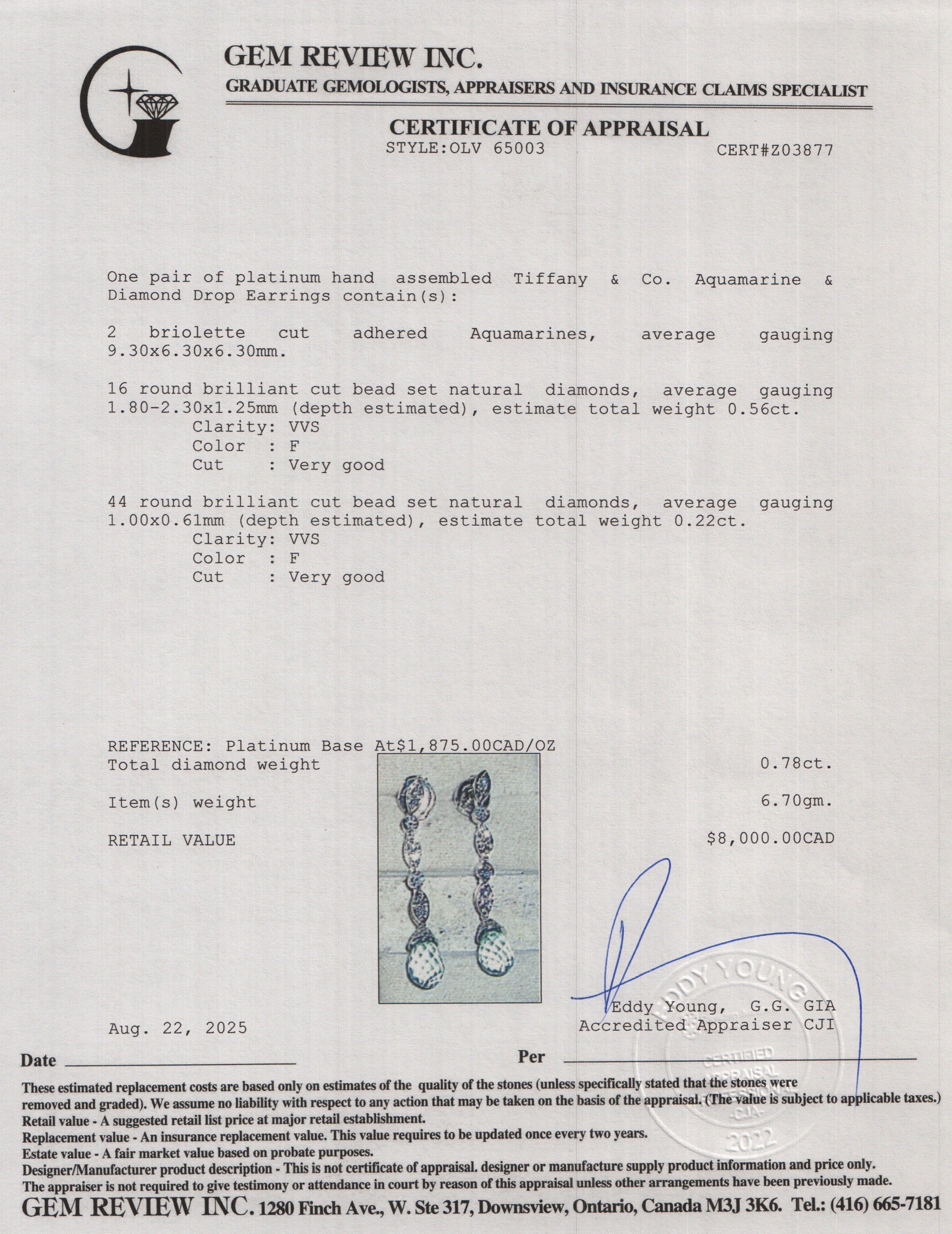 Tiffany & Co. Platinum Aquamarine & Diamond Drop Earrings w/ Box