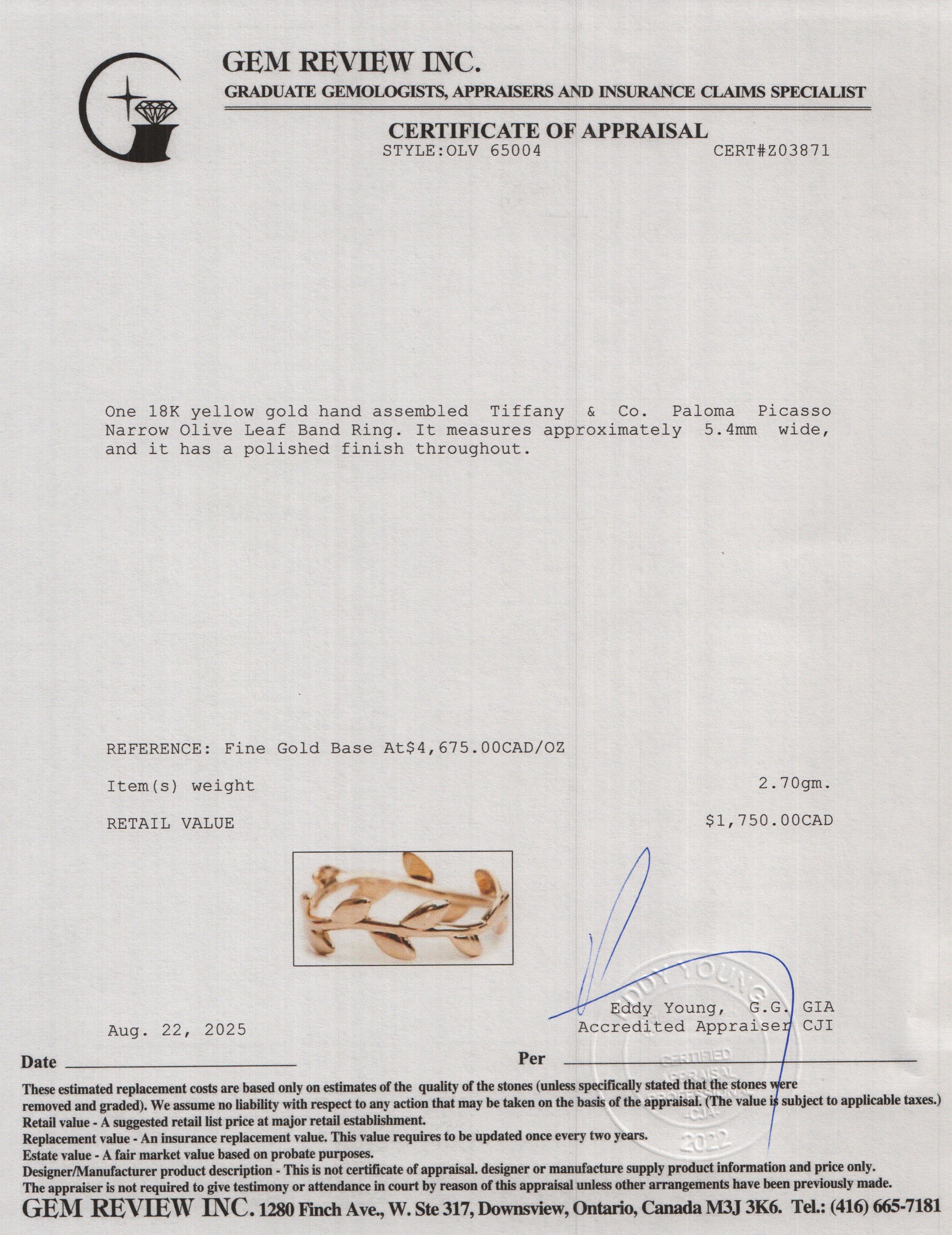 Tiffany & Co. Paloma Picasso 18k Yellow Gold Narrow Olive Leaf Band Ring, Size 7