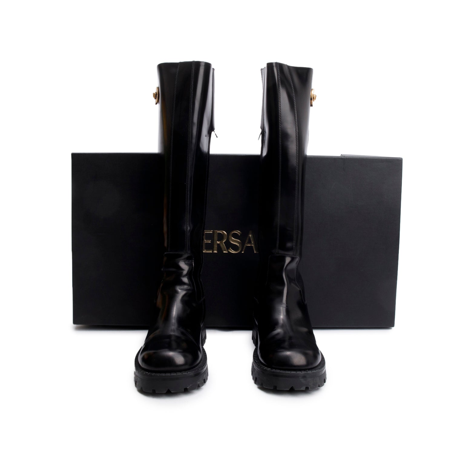 Versace Black Patent Leather Medusa Knee High Boots, Size 41 w/ Box