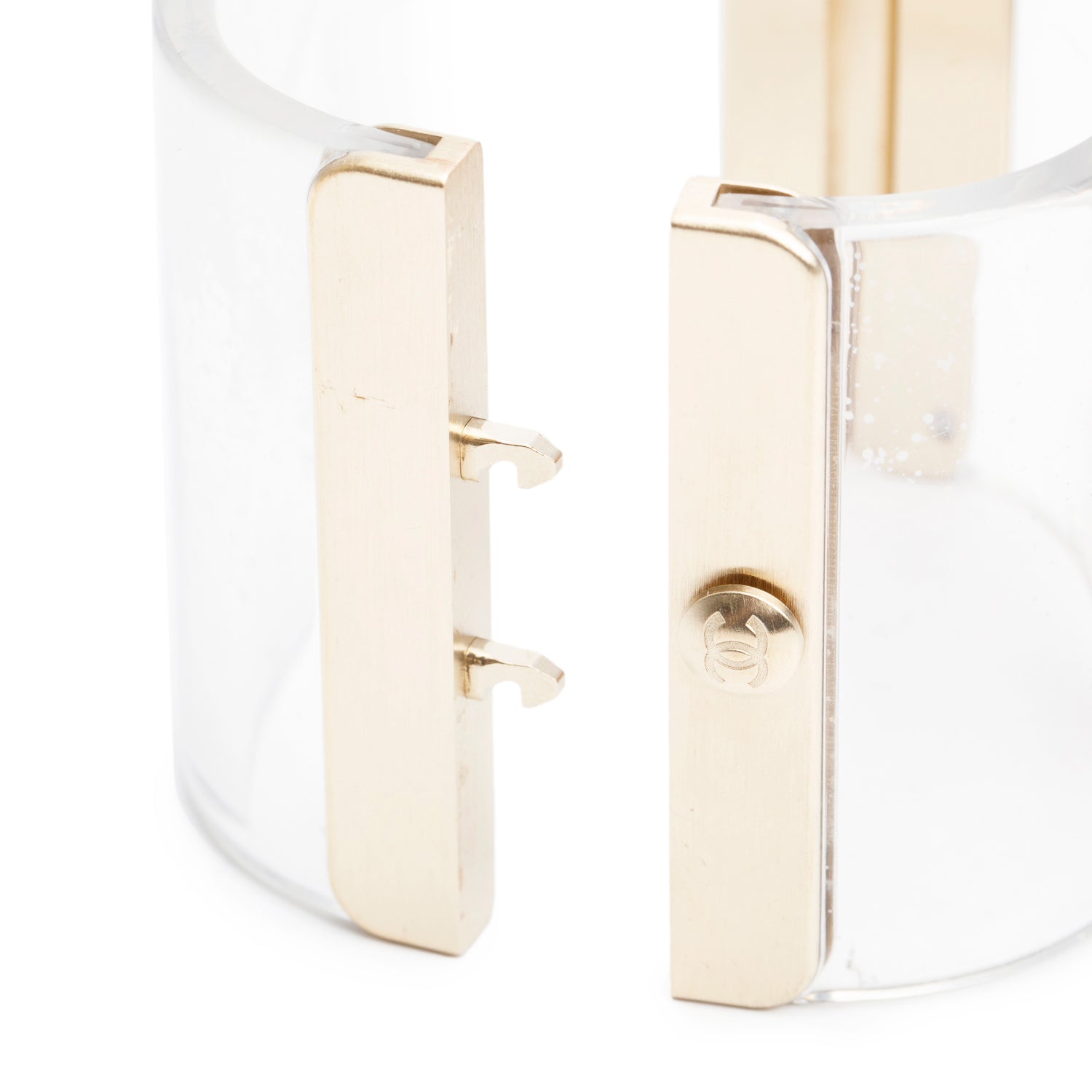 Chanel Gold-Plated Transparent Resin Faux Pearl & Gripoix CC Hinged Bangle Bracelet w/ Box