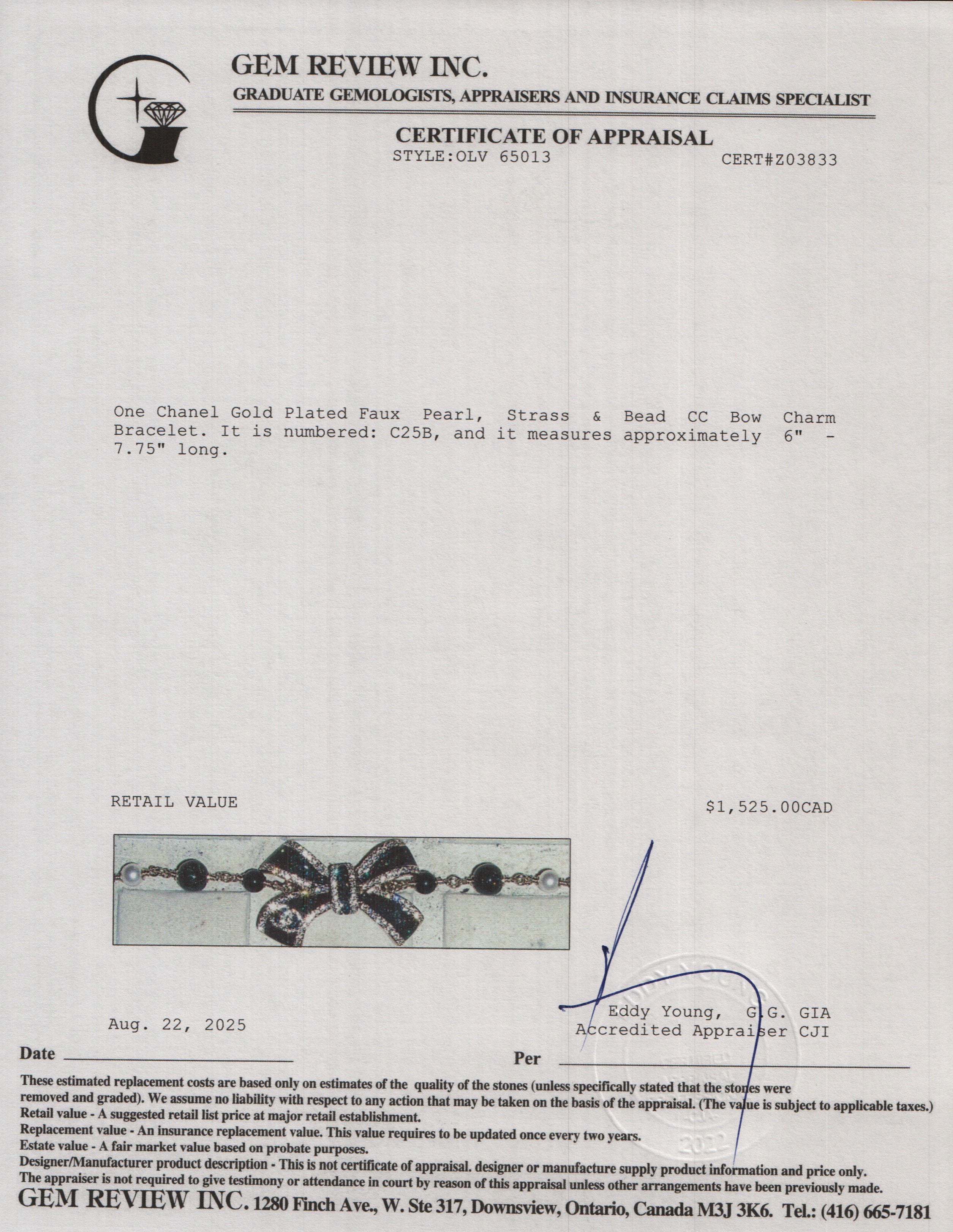 Chanel 2025 Gold Plated Faux Pearl, Strass & Bead CC Bow Charm Bracelet w/ Box & Receipt