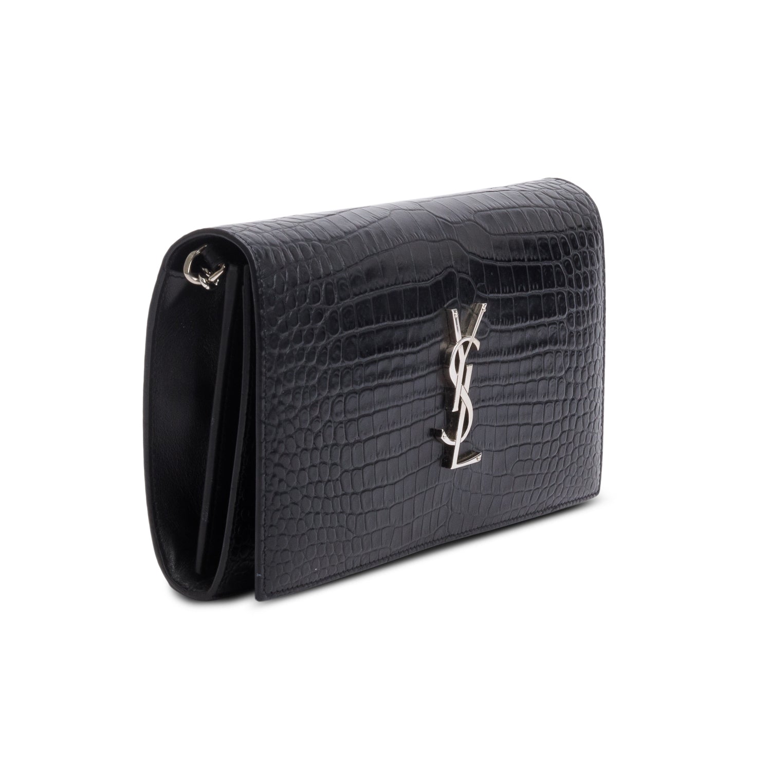 Saint Laurent Black Croc Embossed Classic Cassandre Chain Wallet w/ Box
