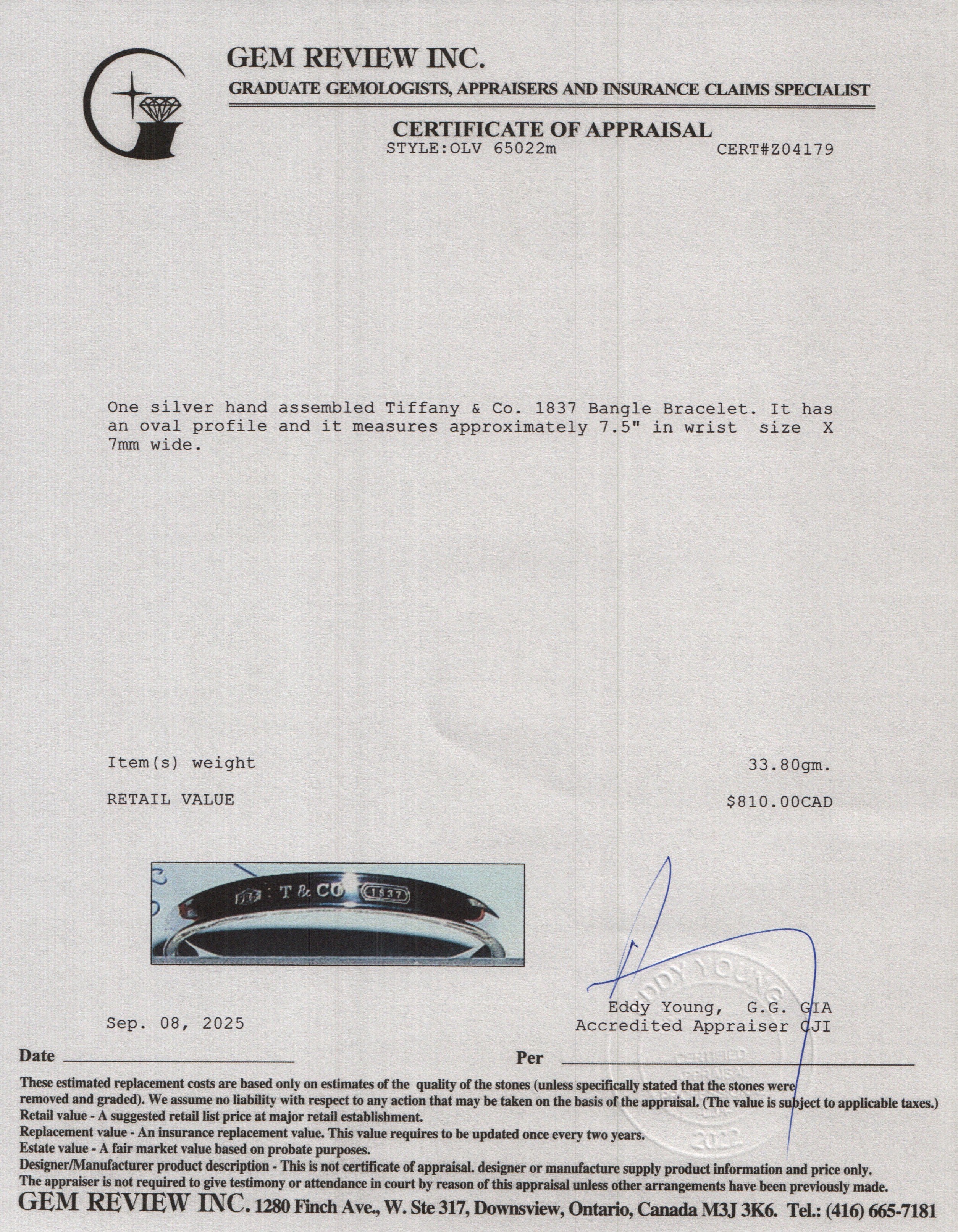 Tiffany & Co. Sterling Silver 1837 Bangle Bracelet