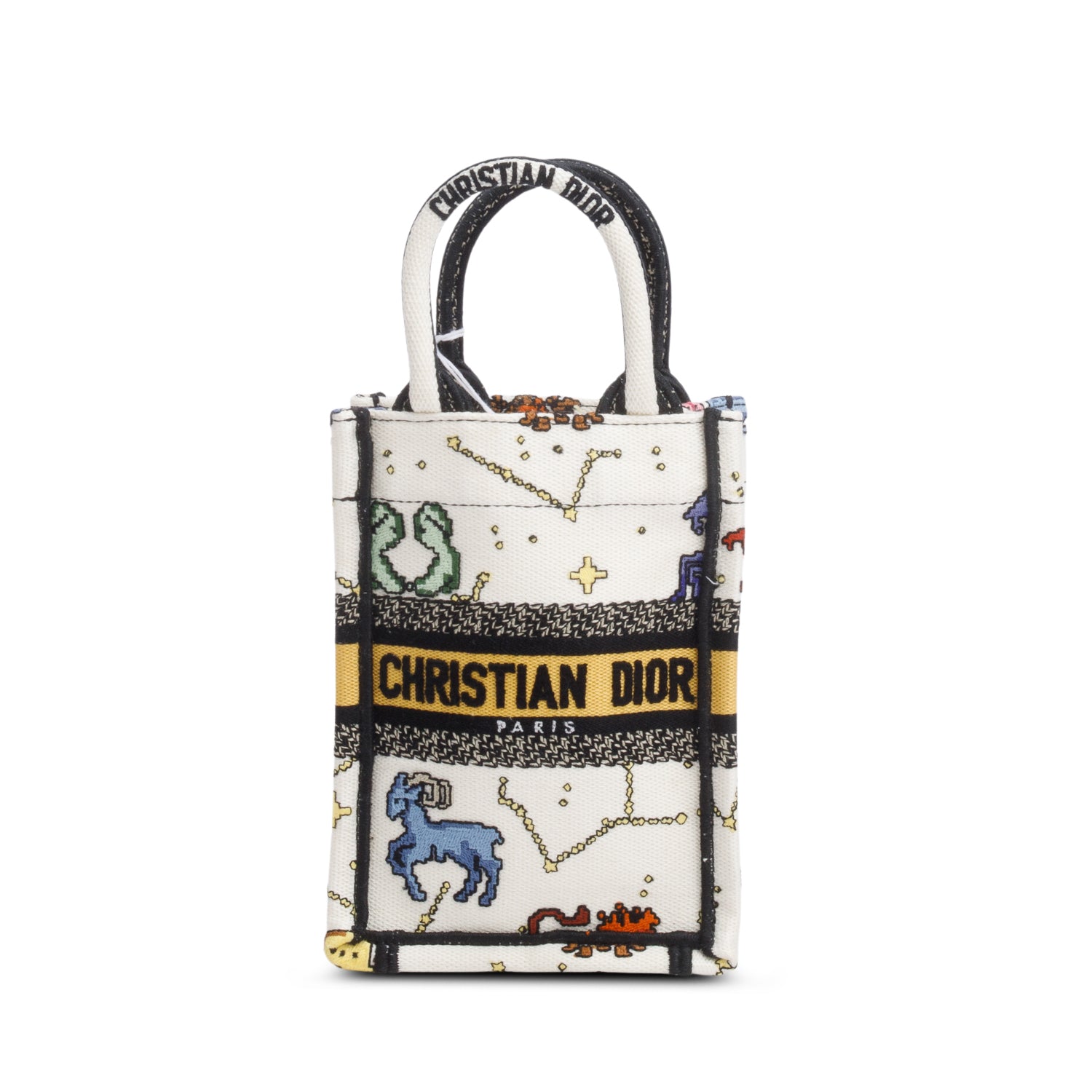 Christian Dior 2022 Cream Canvas Embroidered Pixel Zodiac Mini Book Tote Phone Bag w/ Strap & Box