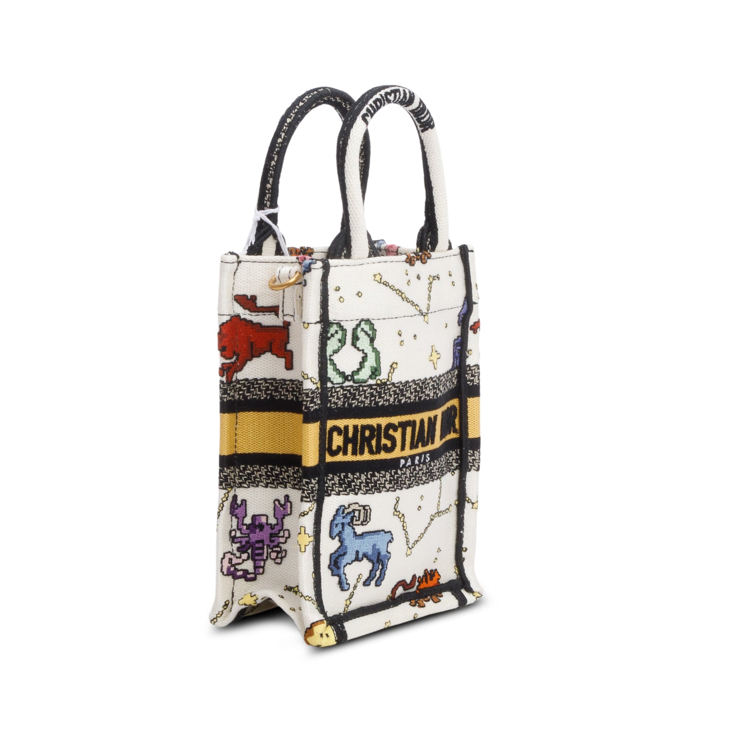 Christian Dior 2022 Cream Canvas Embroidered Pixel Zodiac Mini Book Tote Phone Bag w/ Strap & Box